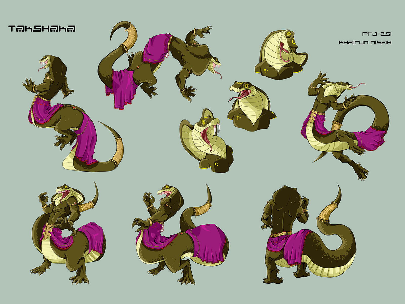 Character sketches of a green naga-like creature in a purple skirt as it dances and delivers various reactions.