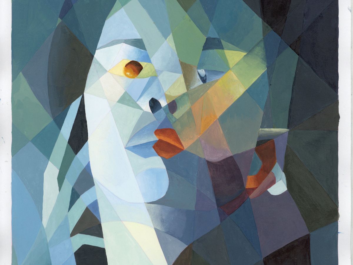Cubist style traditional painting of an artist self-portrait