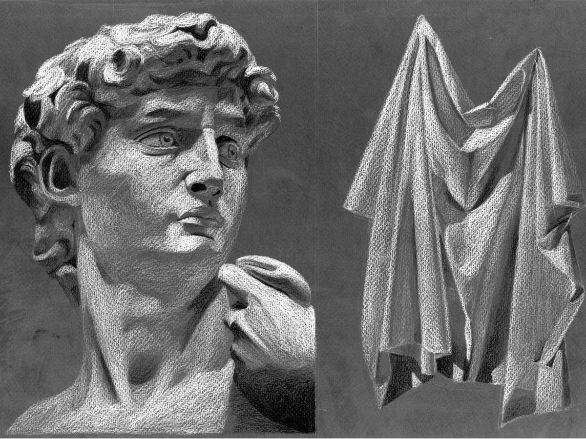 2D drawing of Michaelangelo’s David and a piece of cloth