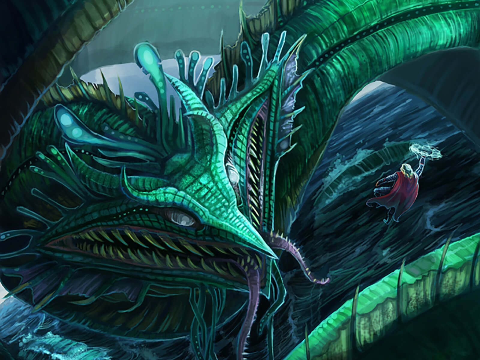 A man in a red cape hovers in the air brandishing a glowing hammer at a green sea-serpent monster rising from the waves.