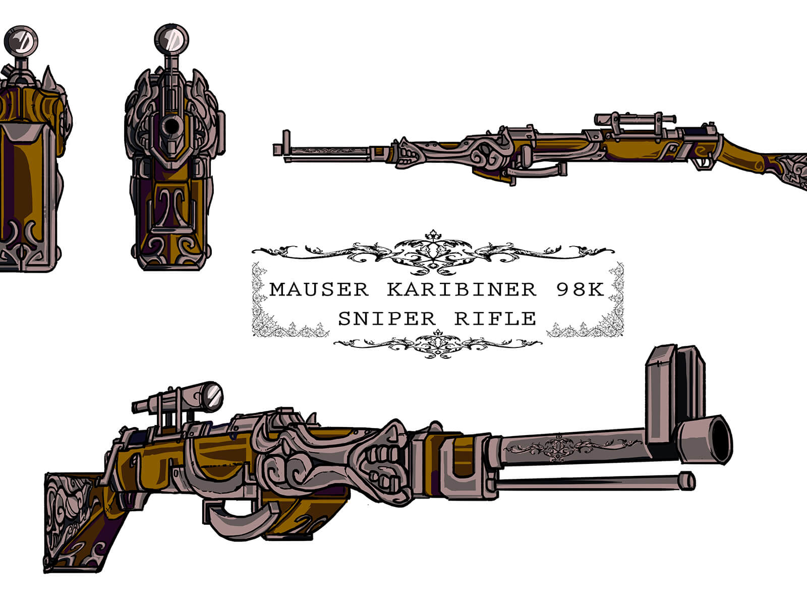 Ornate Mauser sniper rifle decorated with intricate metal flourishes, seen from several angles.