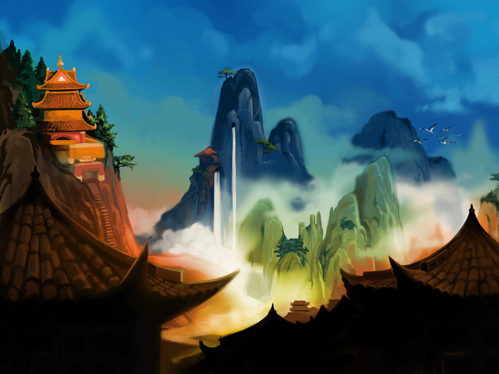 Panoramic landscape of a mountainous region above the clouds. Pagoda-like structures dot various peaks.