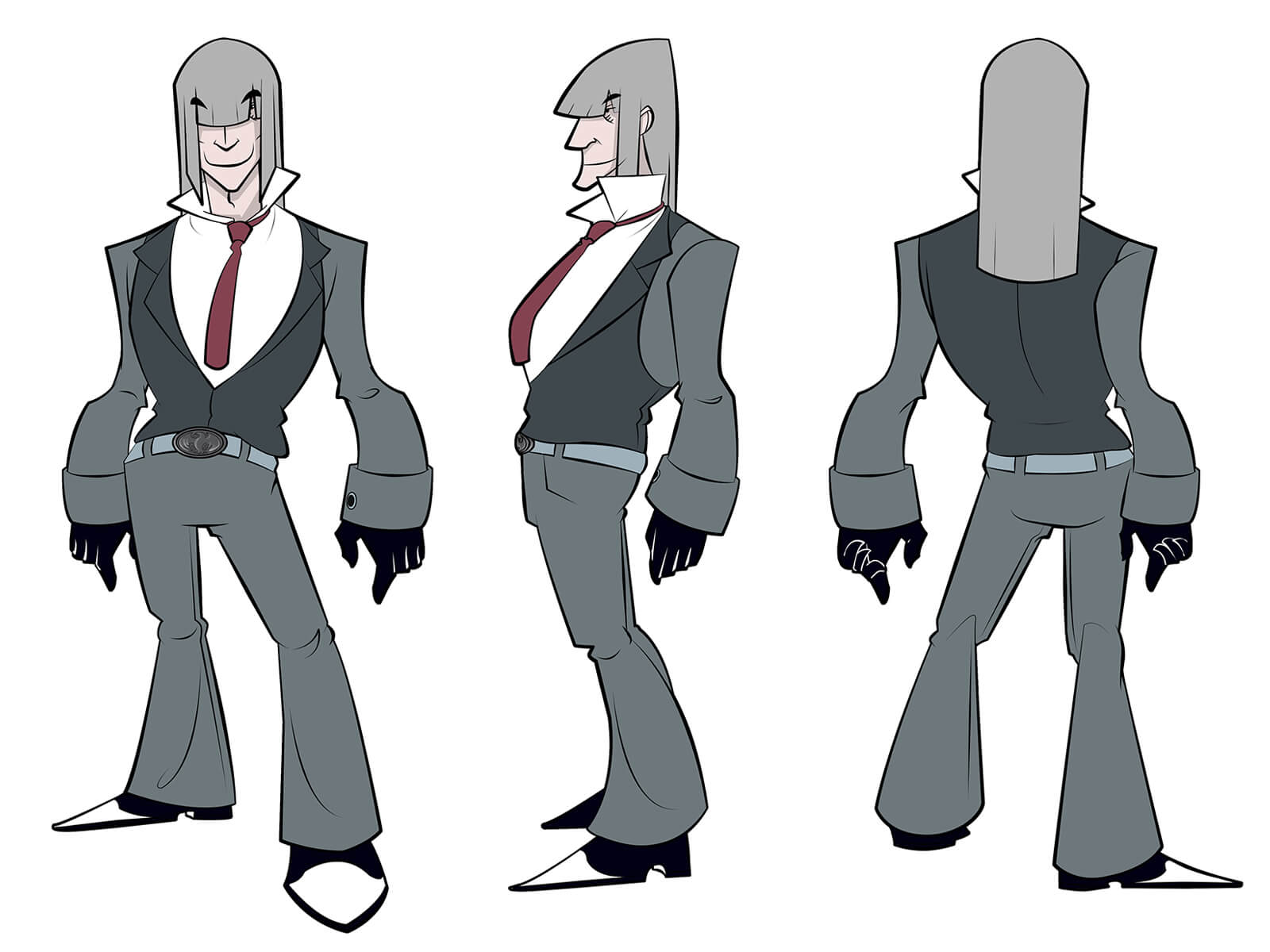 Turnaround sketches of a man with shoulder-length gray hair in a charcoal suit, standing with his torso jutting forward.