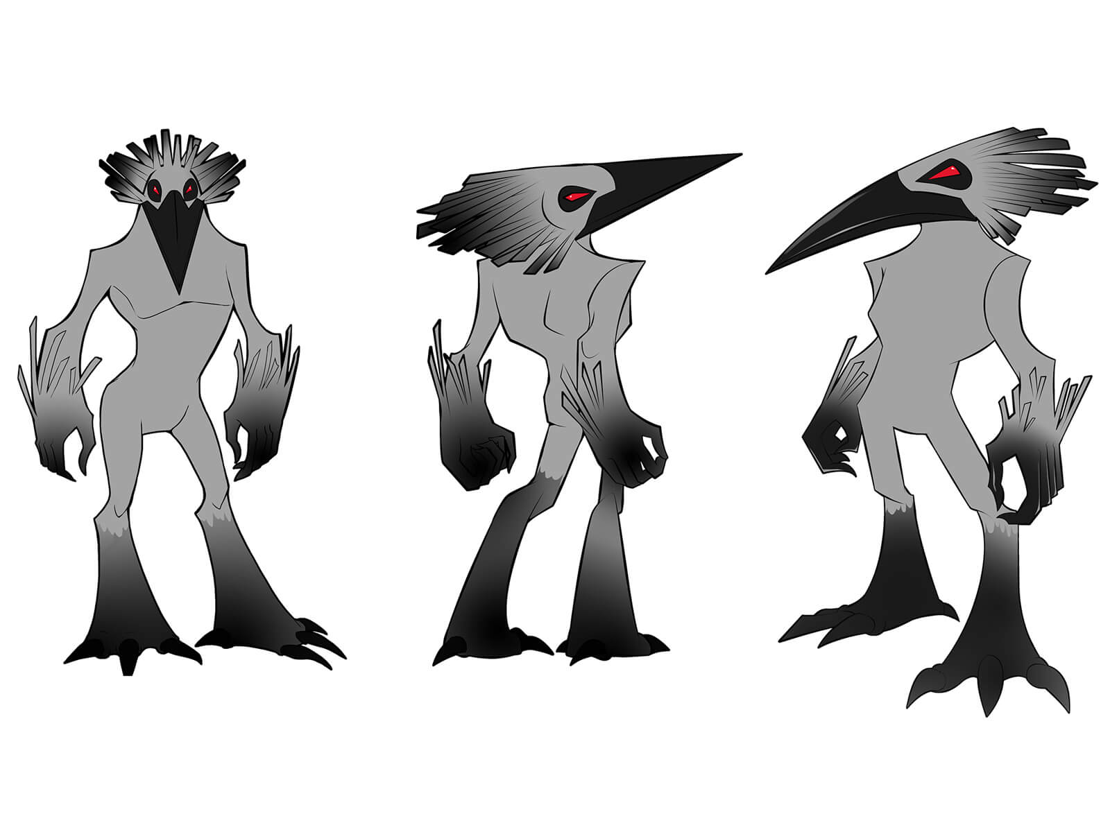 Turnaround sketches of a gray, bi-pedal bird-beast with a fiercely angular head ending at a sharp, black beak.