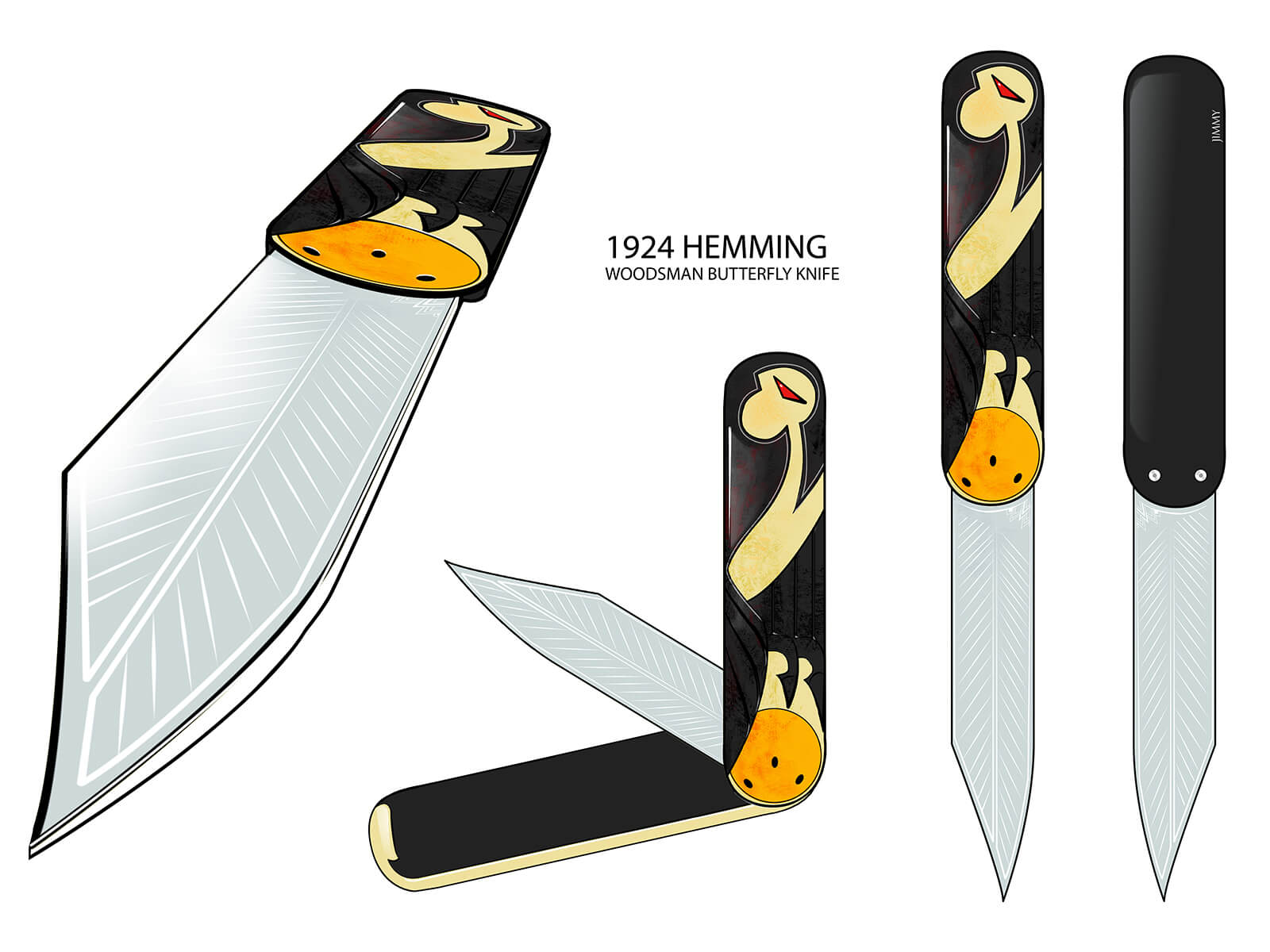 Close-up detail paintings of a butterfly knife featuring and ornate black-orange-and-yellow grip, and leaf-etched blade.