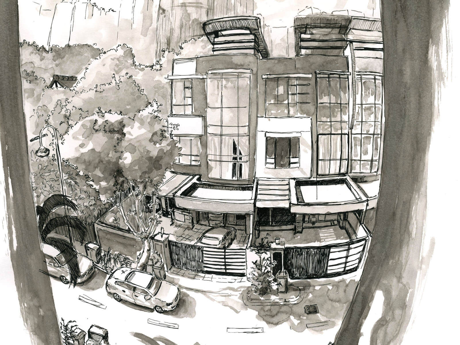 Black-and-White sketch of a home from across a street.