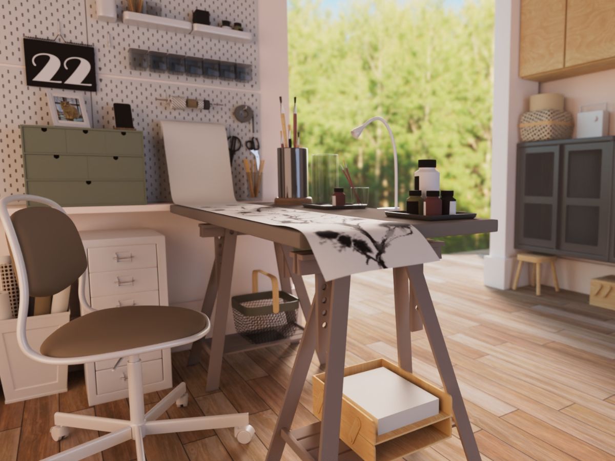 3D interior rendering of an art studio