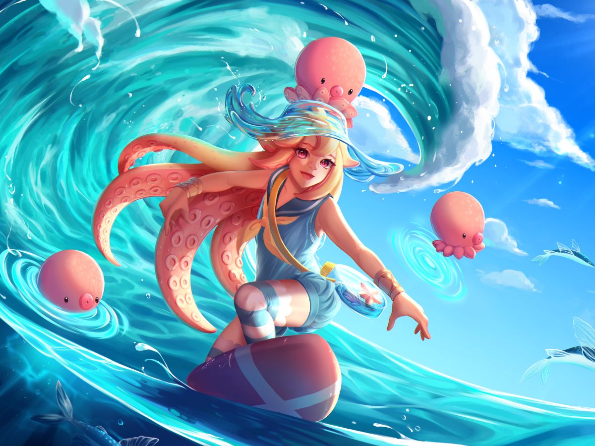 Digital artwork of a fantasy girl surfing with baby octopuses
