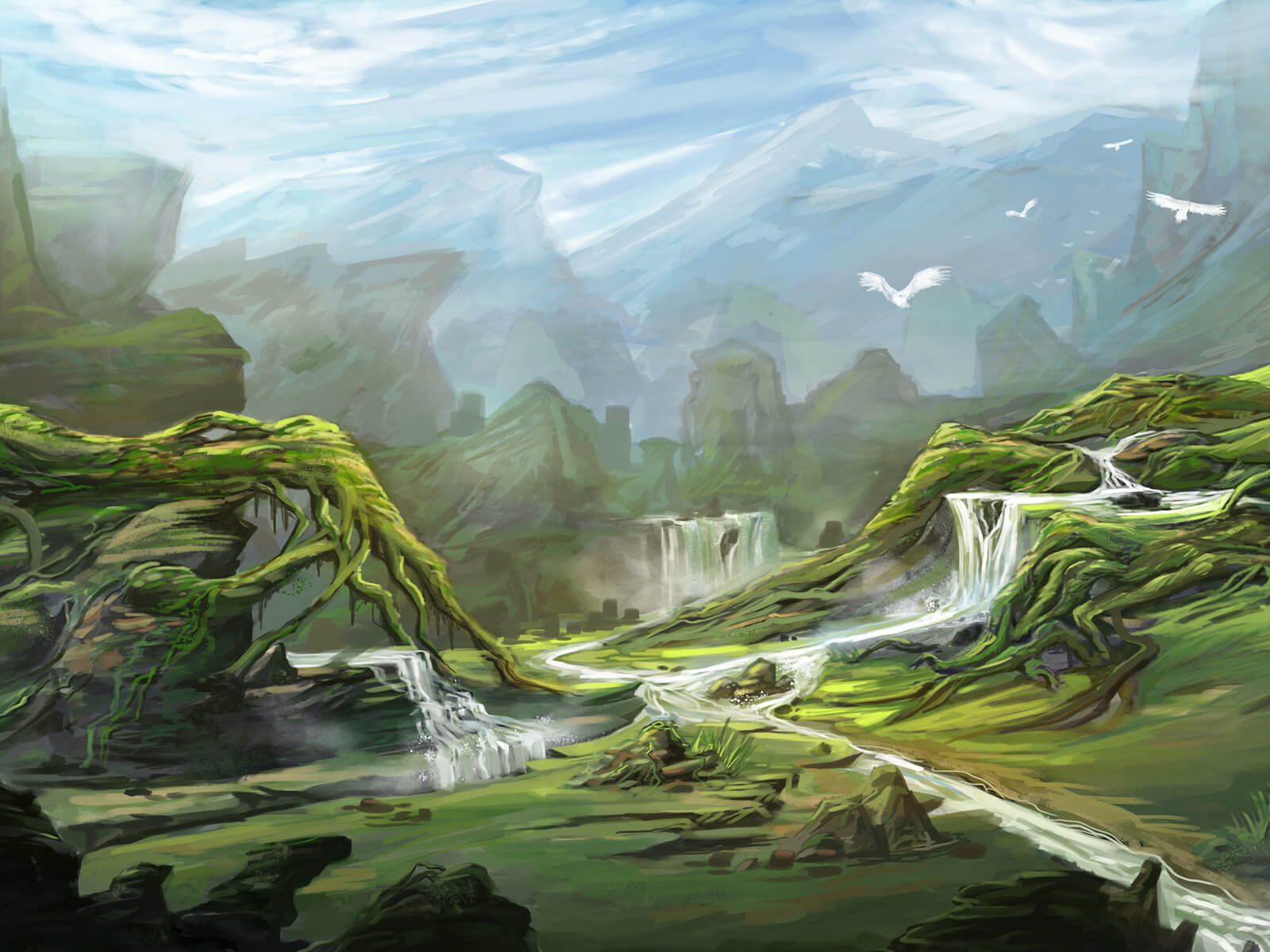A river valley crisscrossed by shallow waterfalls and branched over by moss-covered roots from some enormous, unseen tree.