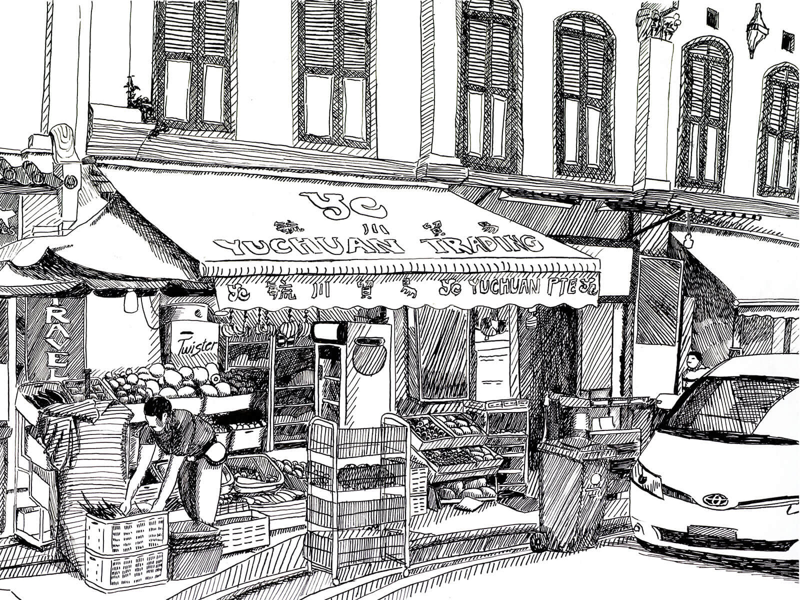 Black-and-white sketch of a grocer stocking produce at a market on the ground floor of a low-rise building.