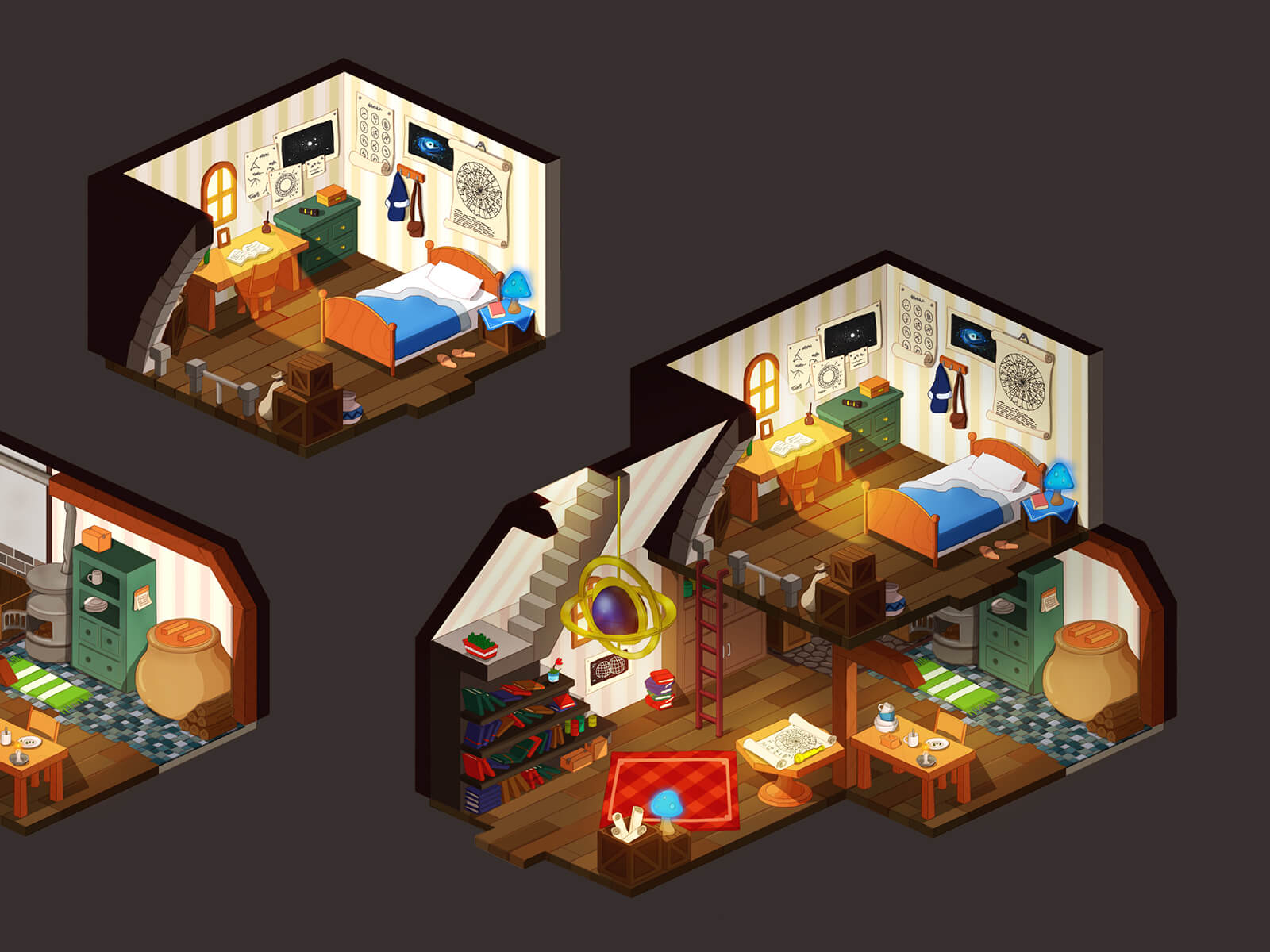 Isometric views of a bedroom and living room of a snug home with simple wooden furnishings and iron stove.