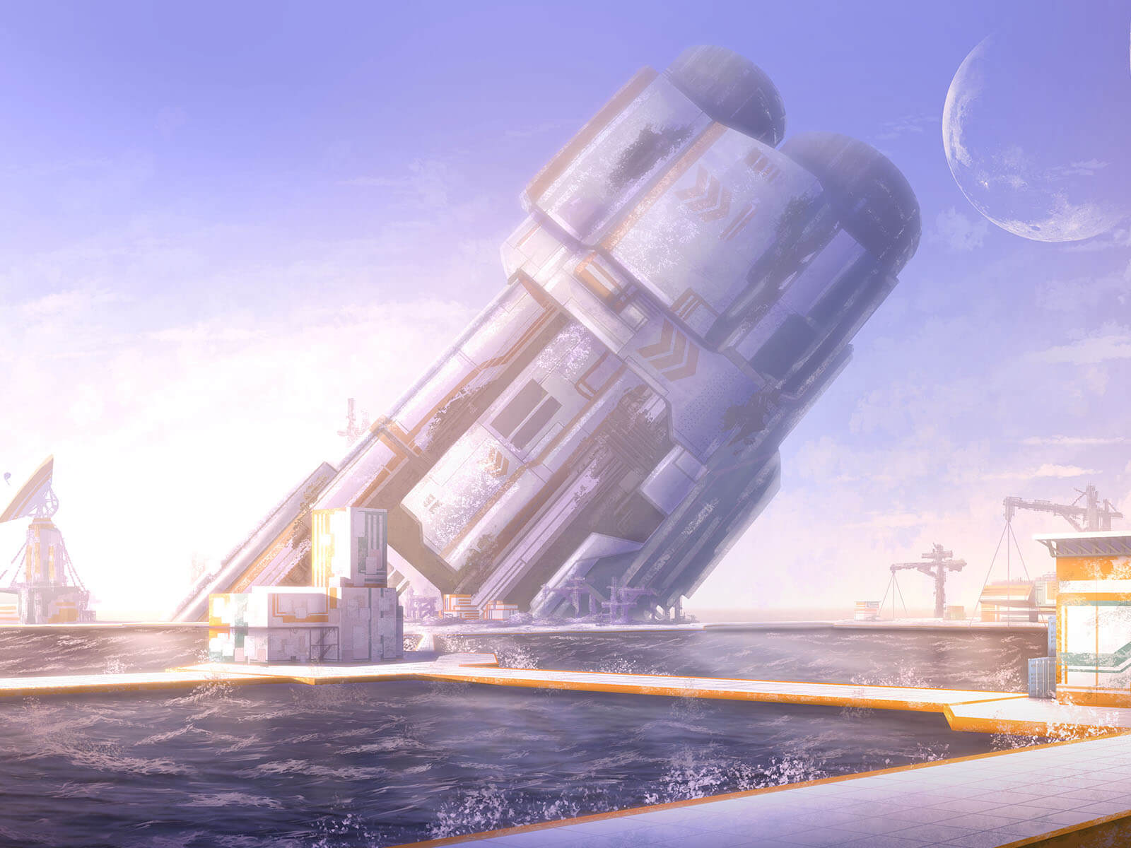 Futuristic industrial buildings under two daylit moons.