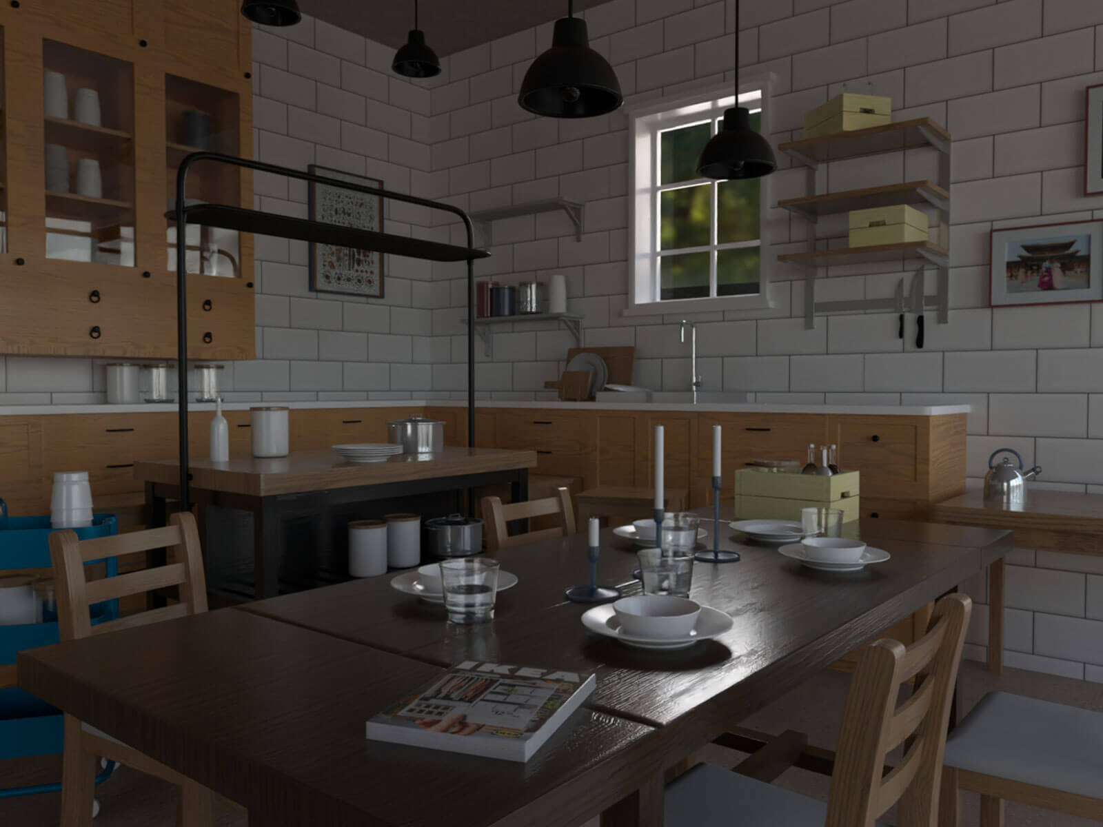 3D-modeled scene of a corner of a kitchen with a dining area in the foreground.