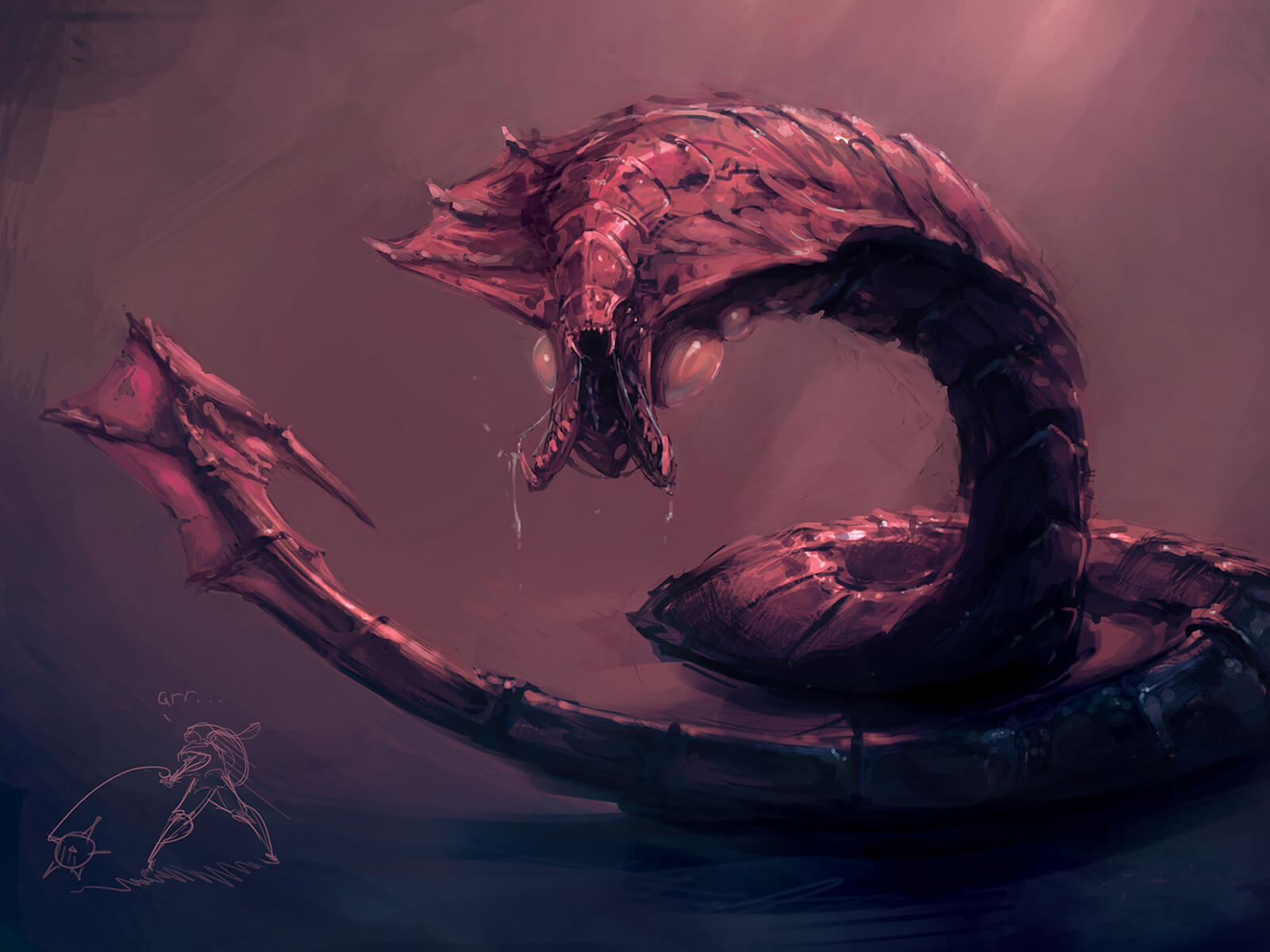 A segmented worm-like monster ending in a sharp barb bares an open trap-jaw mouth filled with teeth under a dim, red light.