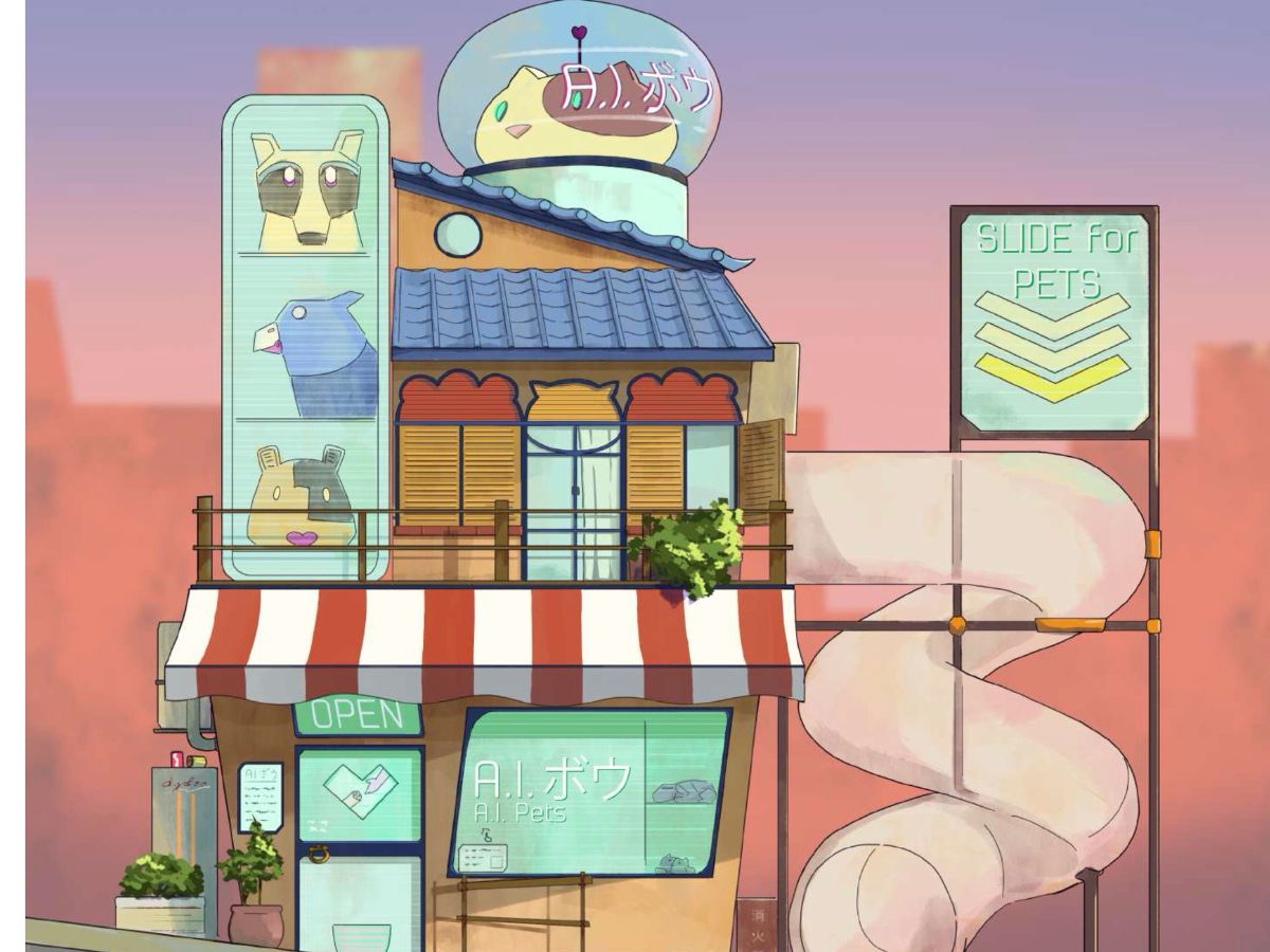 Digital artwork of a cartoon pet shop