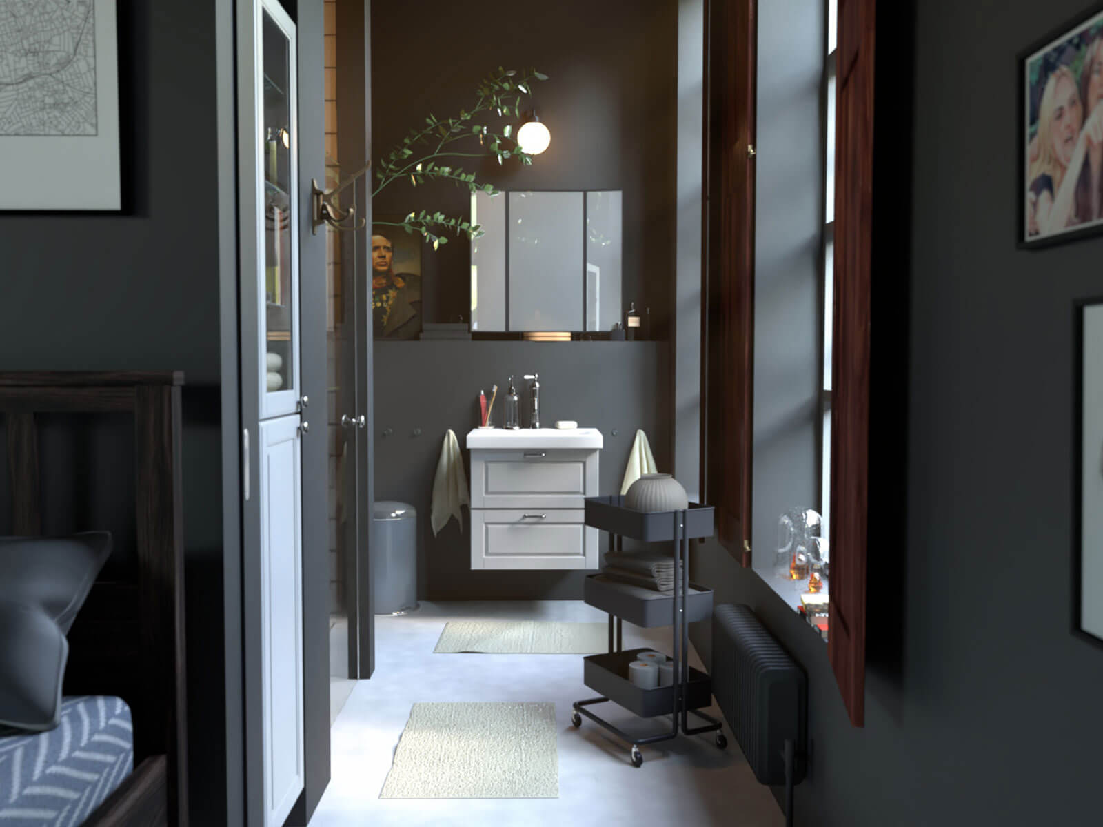 3D-modeled scene looking toward a bathroom sink as seen from a bedroom.