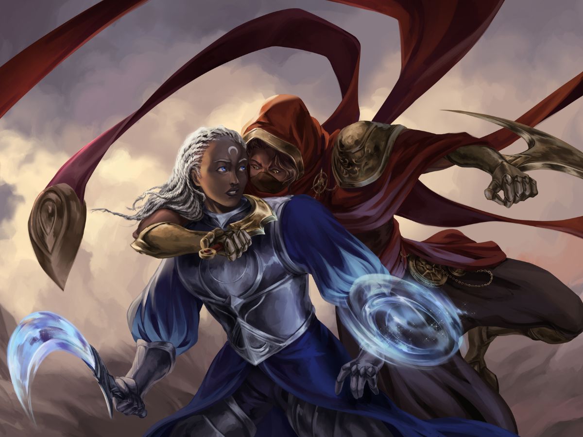 Digital artwork of two fantasy characters engaged in a battle 