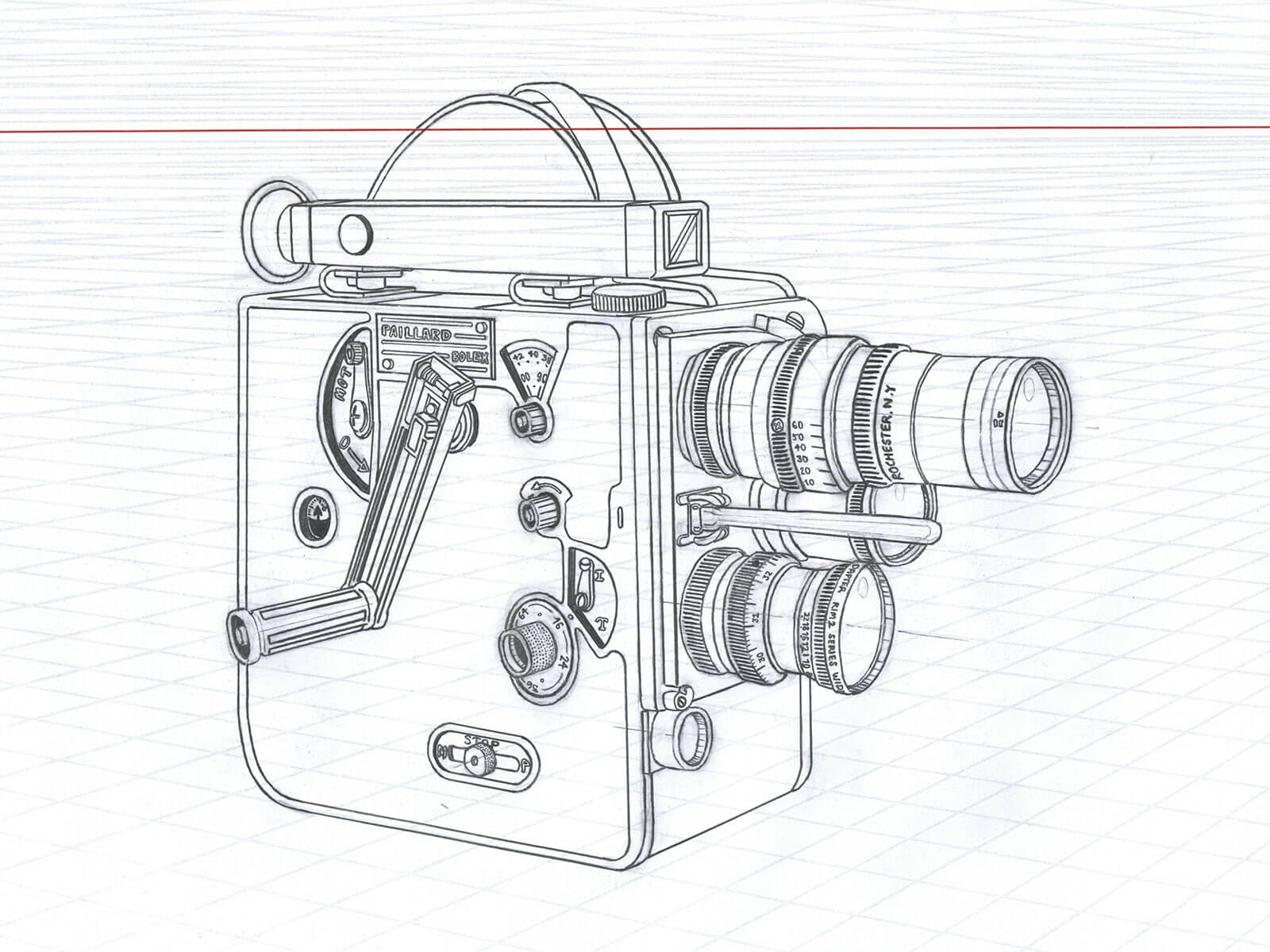 Black-and-white sketch of a retro, spring-wound movie camera.