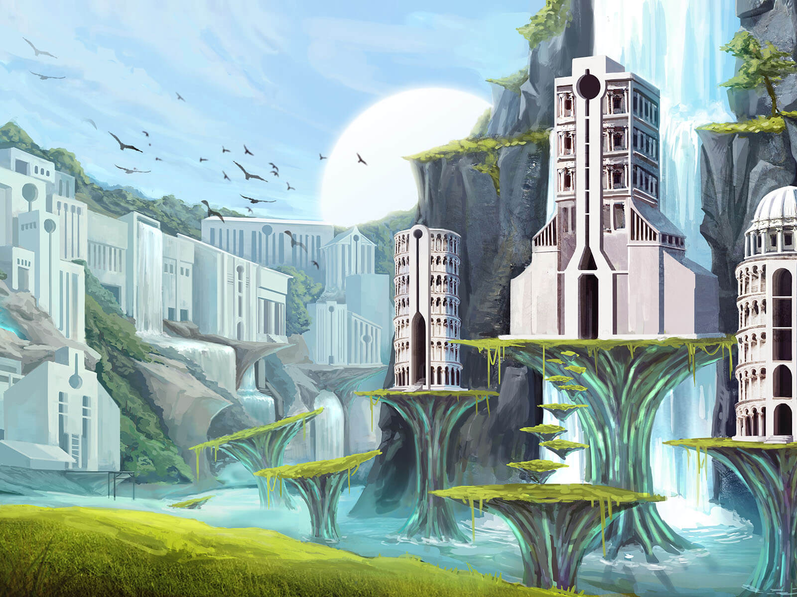 Futuristic Romanesque structures in an alien landscape by a waterfall.