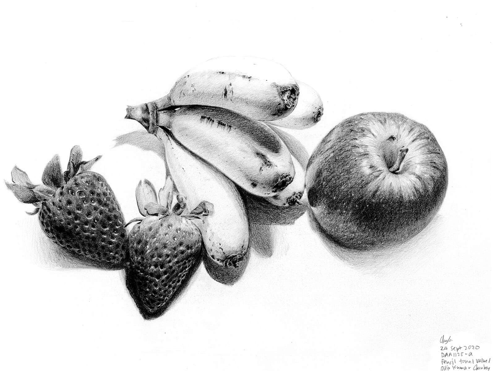 Black-and-White sketch of strawberries, bananas, and an apple.