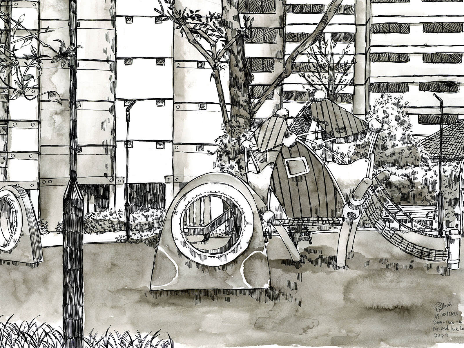 Black-and-White sketch of a playground near high-rise apartments.