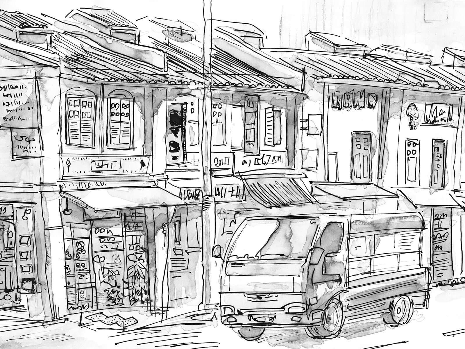 Black-and-white sketch of a van parked next to low-rise buildings.