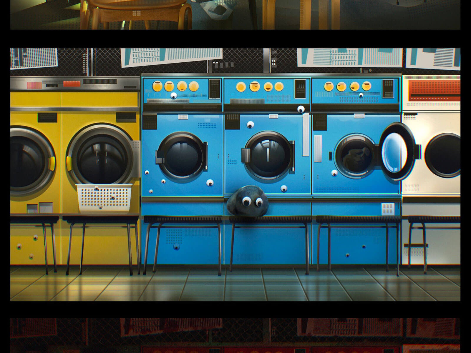 Three different shots of multicolored washing machines that also feature a cat and a harrowing scene with a woman hanging out a red washing machine