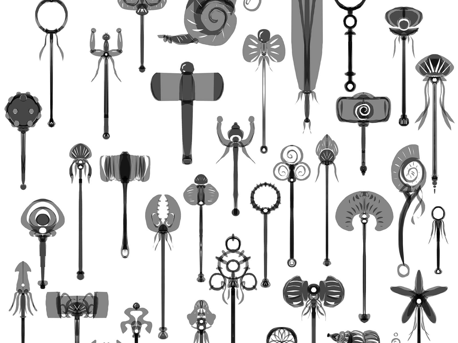 Black-and-white sketches of dozens of lengthy, ornate staves, war fans, warhammers, and khakkhara of various styles.