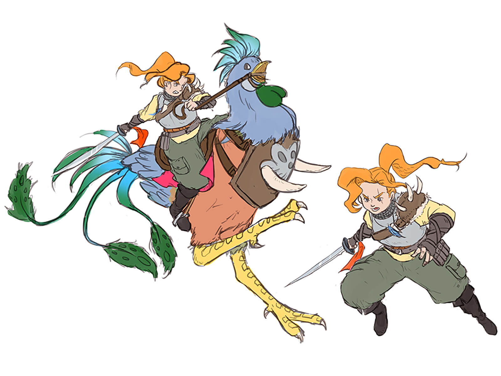 Sketches of an orange-haired warrior brandishing a long, swept sword in various poses, including riding a rooster-like mount.