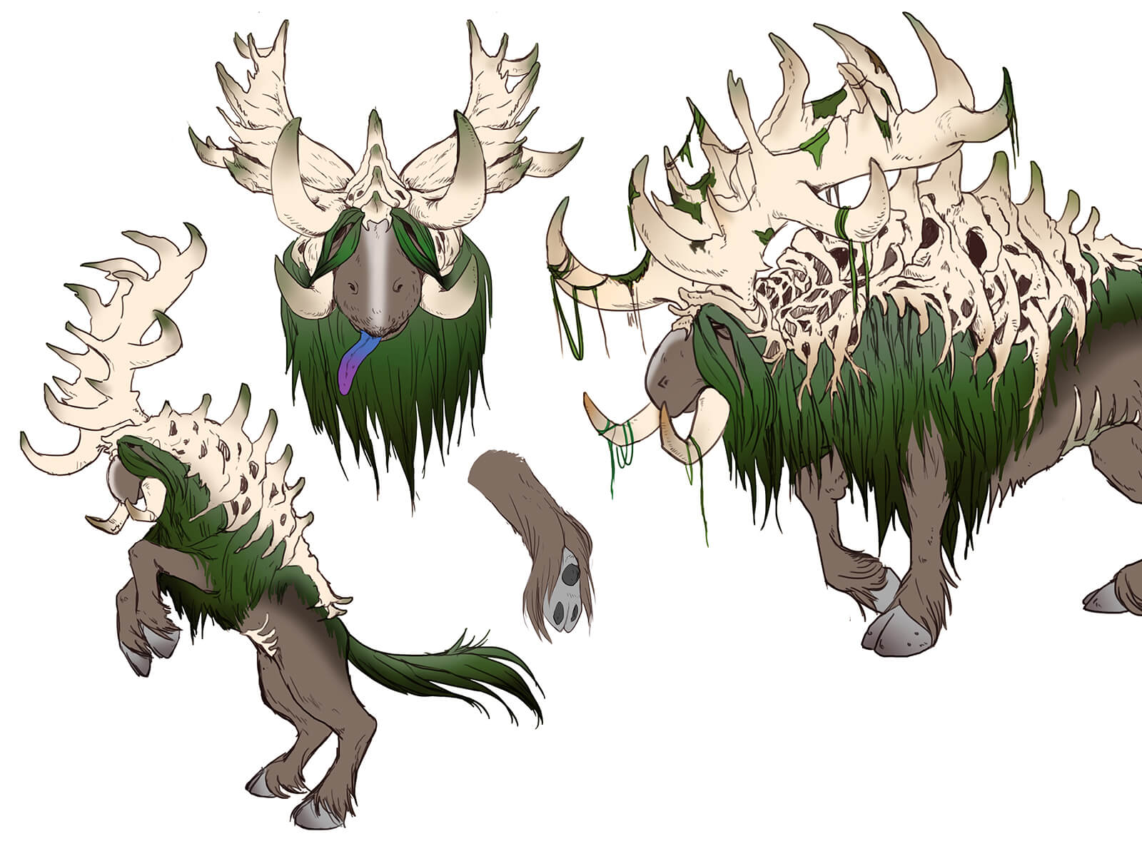 Sketches of a tusked, elk-like beast with mossy green fur topped with expansive skeletal antler structures along its back.