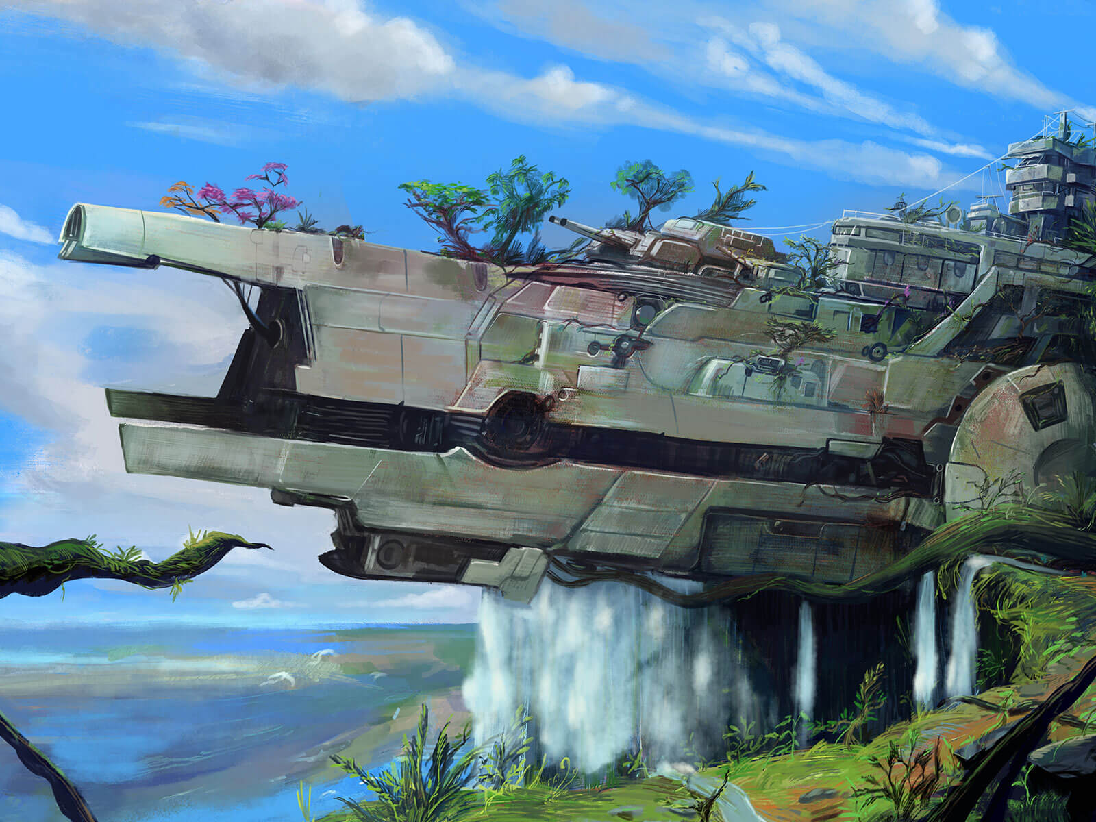 A futuristic warship overgrown with foliage lies abandoned near a waterfall.