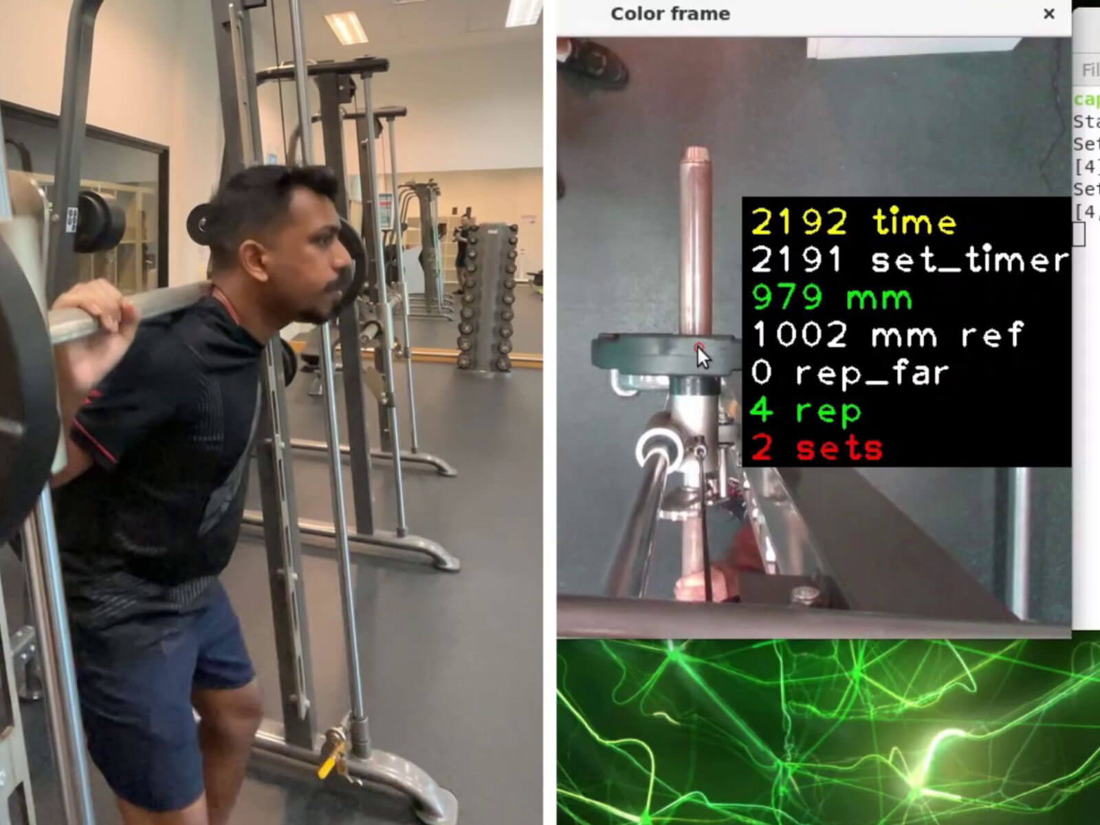 A three square collage of images featuring a student doing the leg press and various statistics being represented