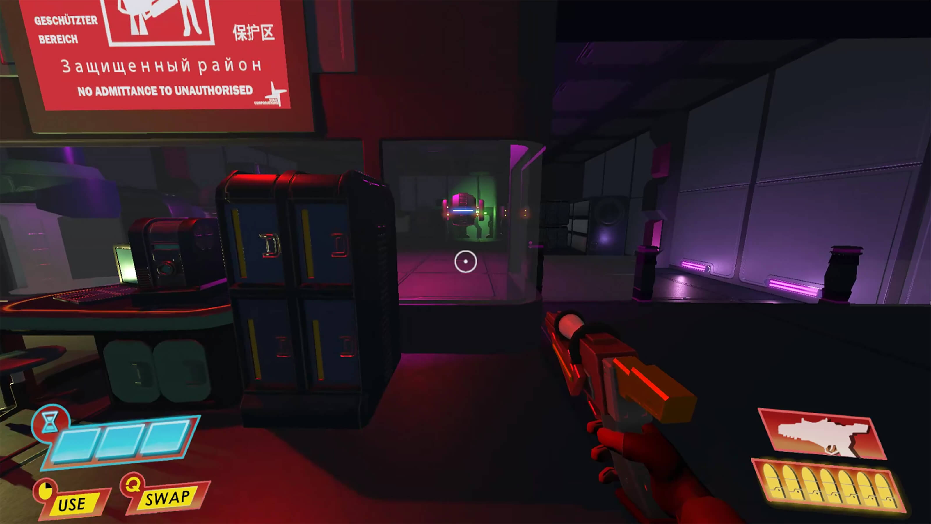 First-person view of a dark, neon-hued science lab while aiming a futuristic pistol at a floating robot.