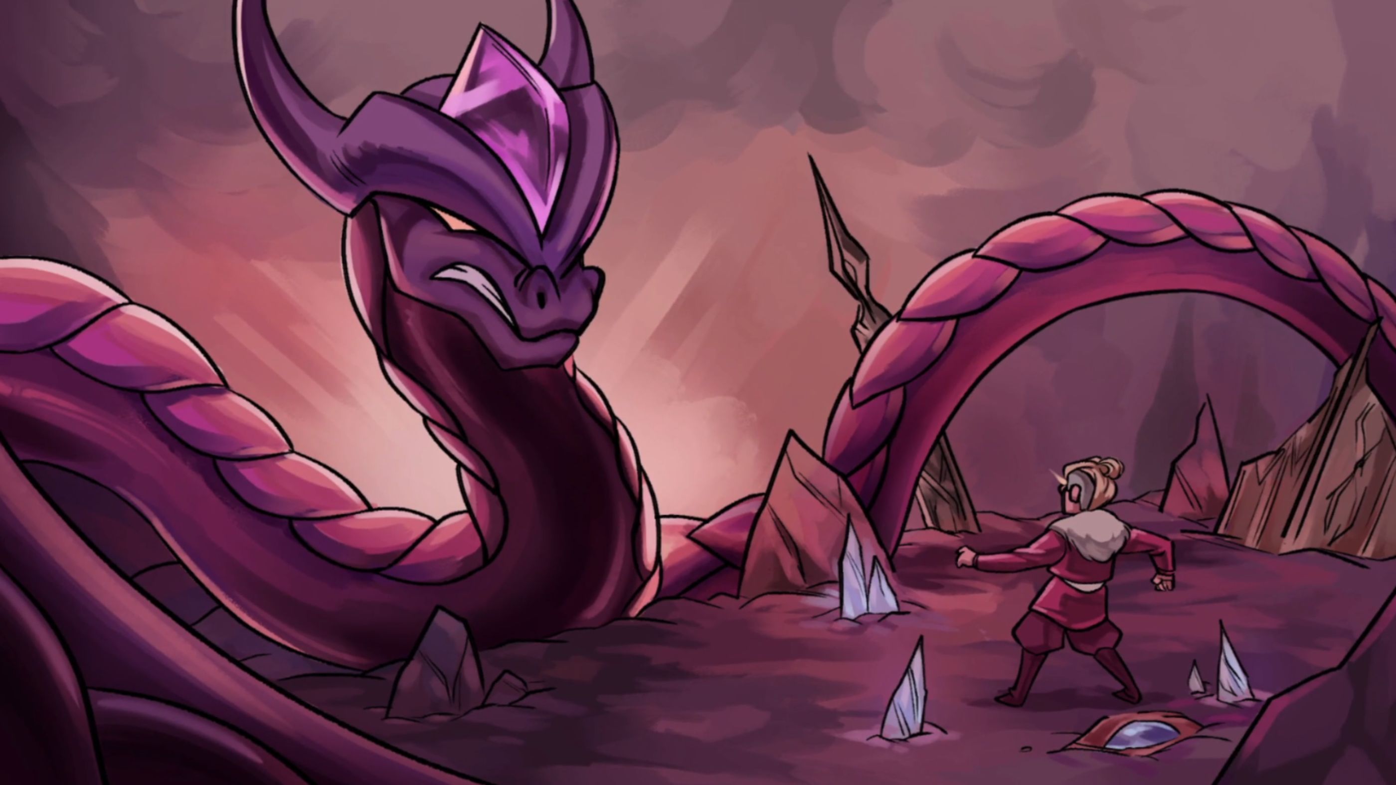 A large dragon appears in front of an adventurer in a cave.