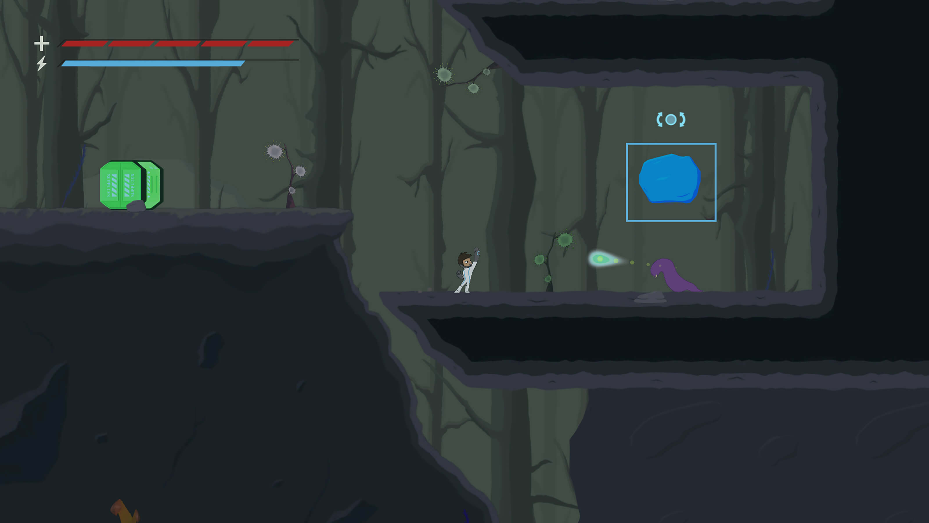 A futuristic 2D character levitates a boulder above the head of a purple slug alien in a rocky, dimly lit world.