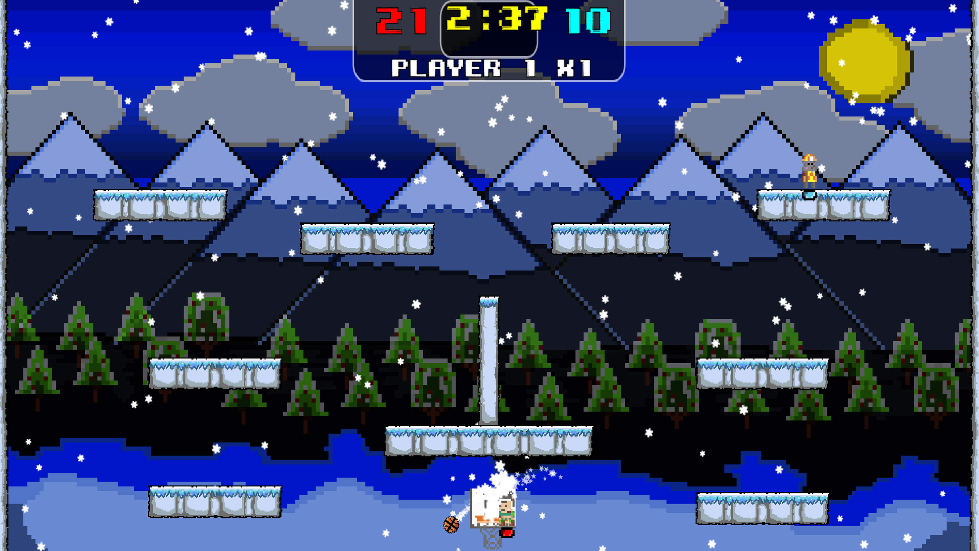 A playable character stands on an icy platform with snow-topped mountains in the background