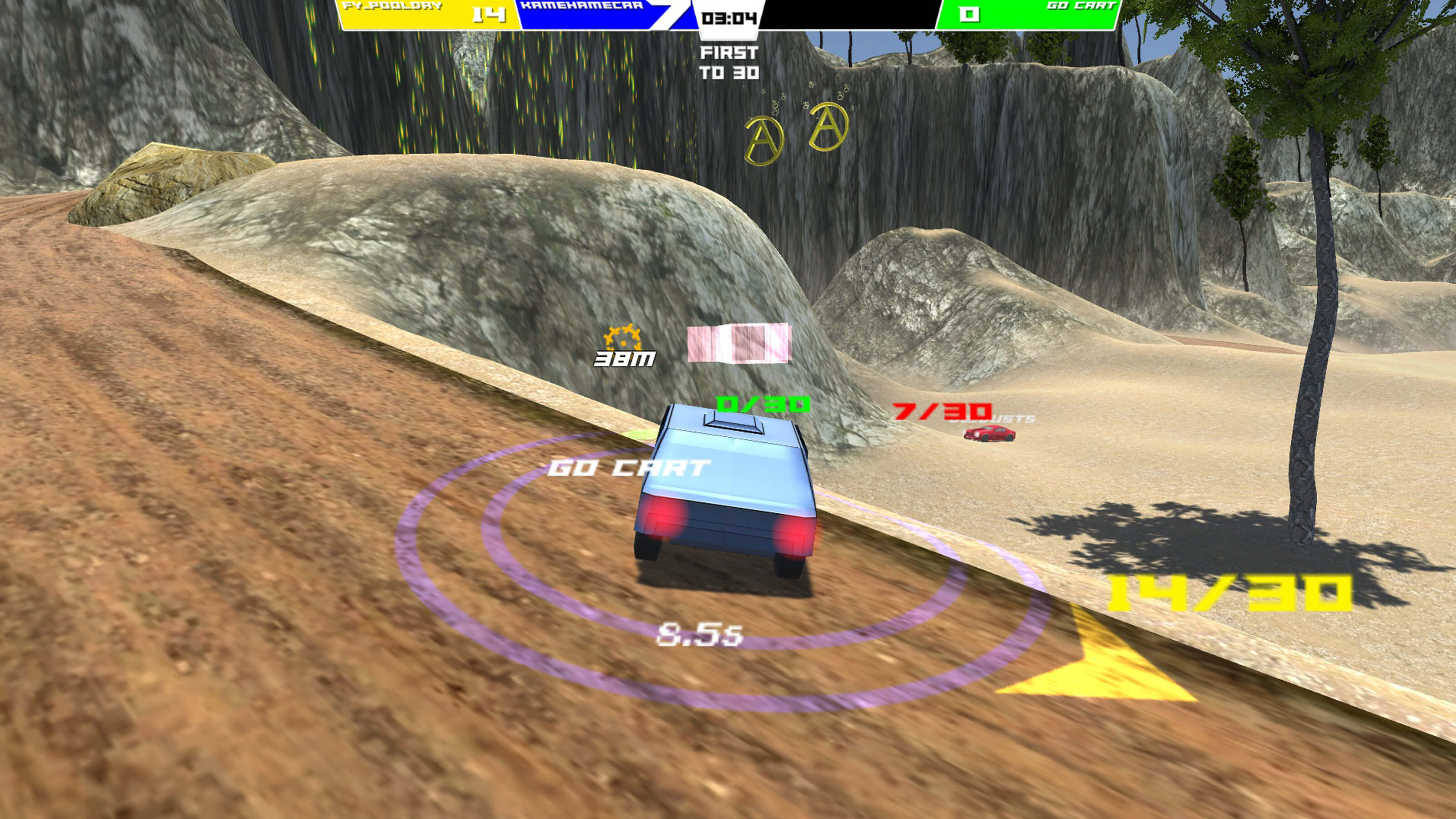 A blue car surrounded by several vital statistics in a HUD about to careen off the road