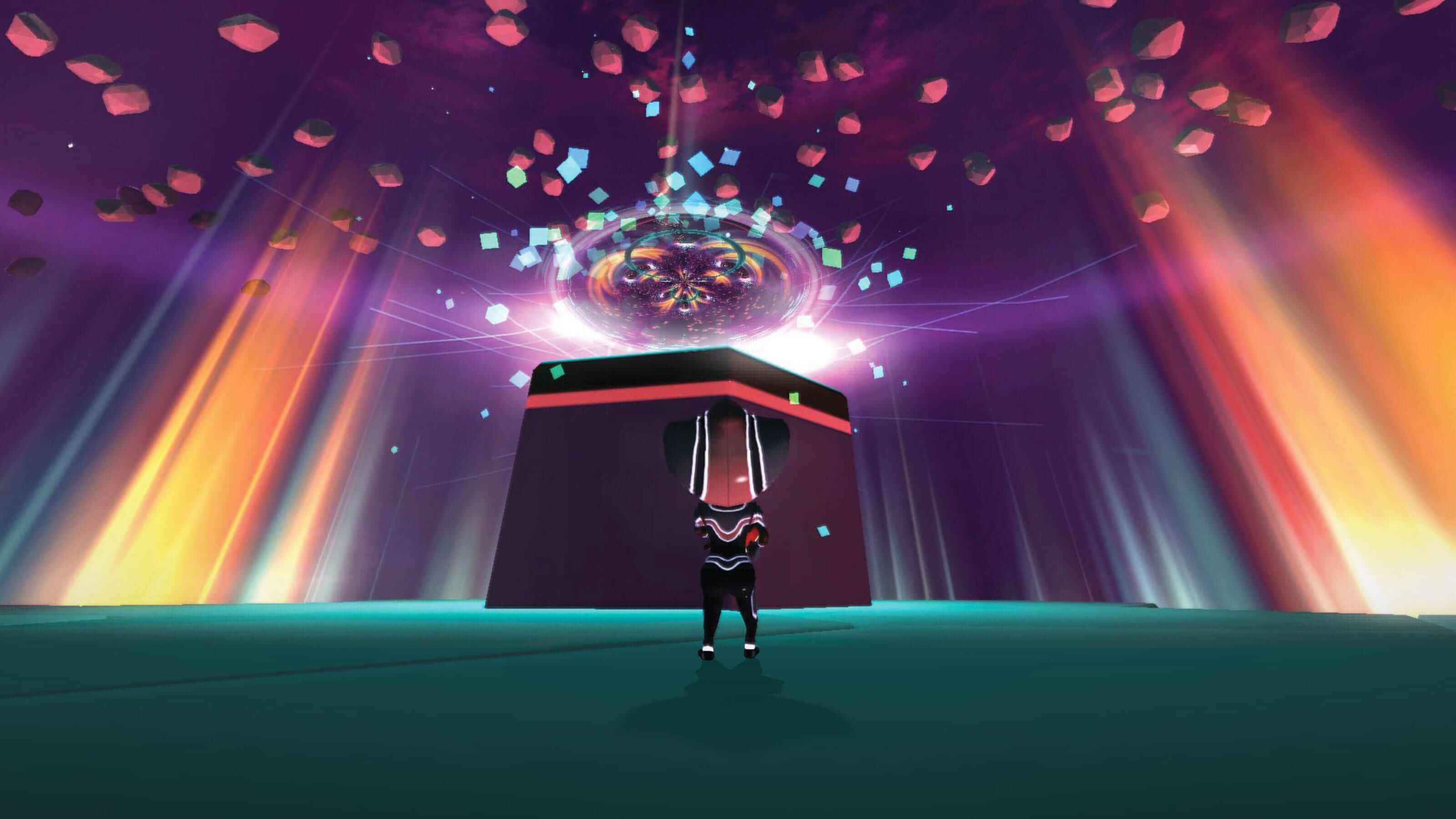 The player's character stares up at a raised platform as red, green, and blue blocks, rays, and particles swirl above