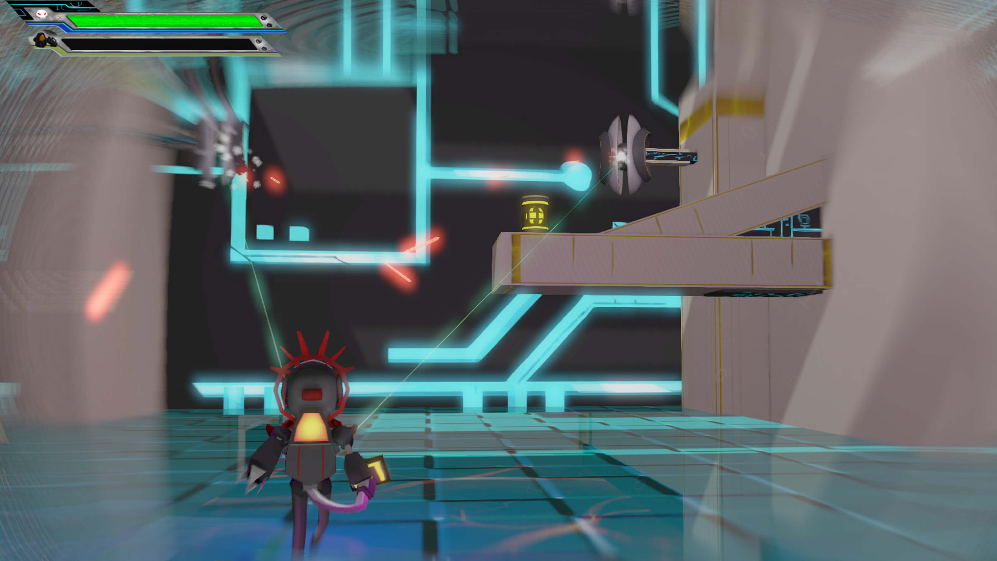 The player's character aims at an enemy up and to the right as lasers fly through the air