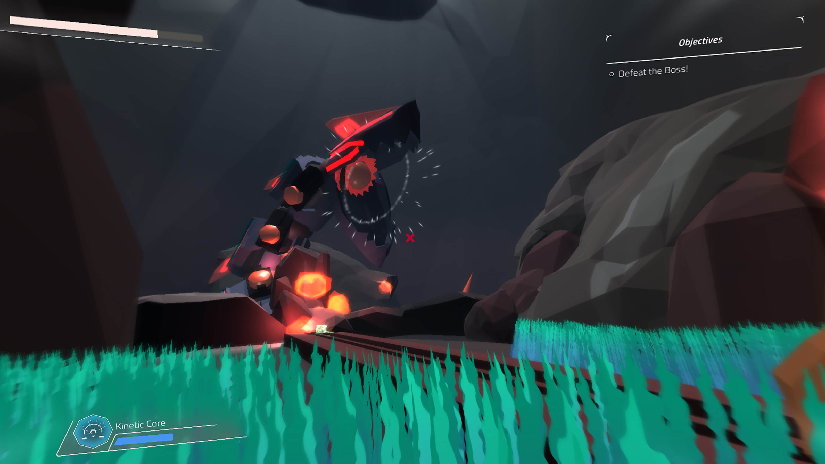 In an underground cavern, the player sees a segmented beast with metallic jaws in the distance.