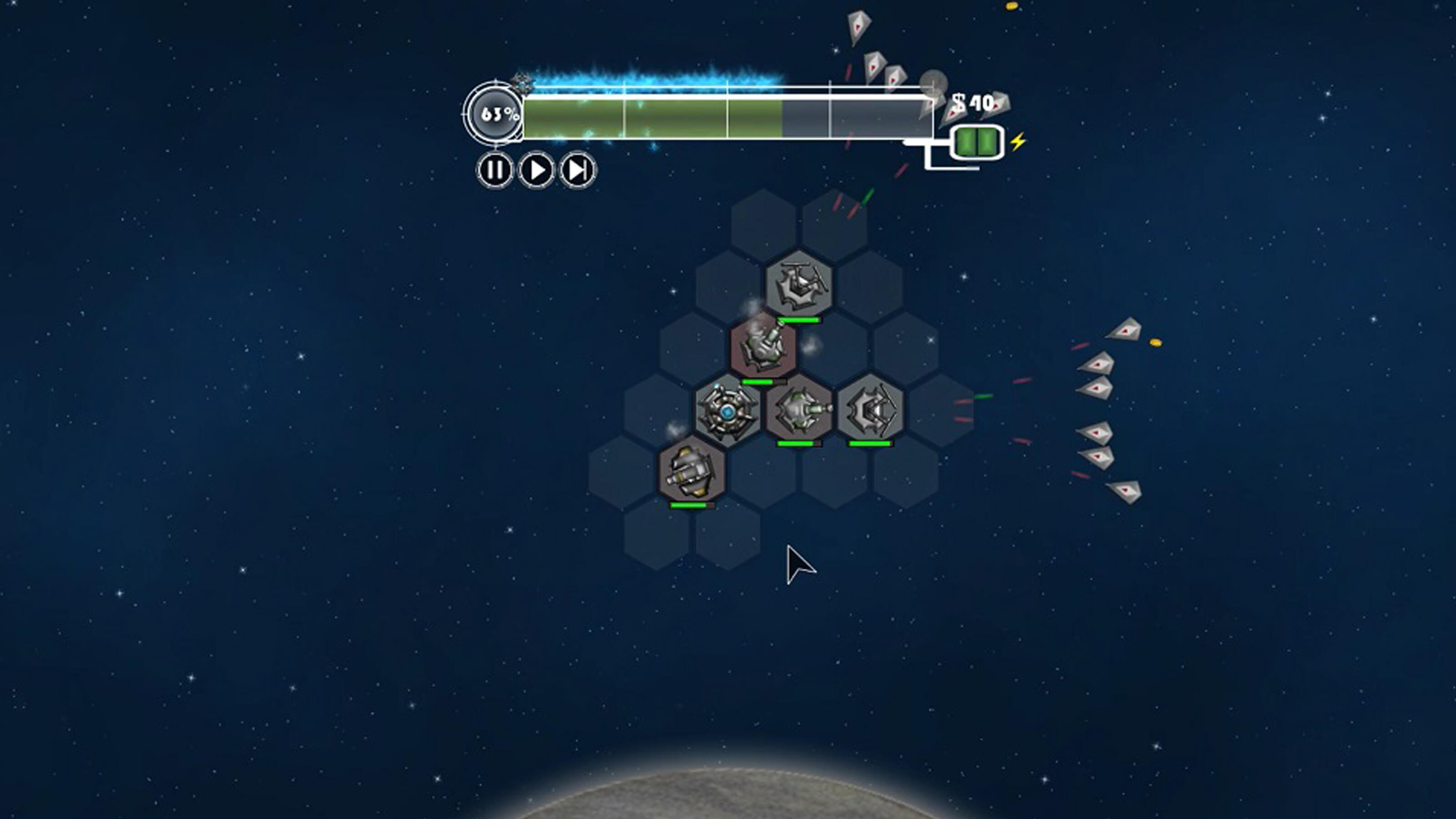 Six enemy ships converge and attack the defenses from the right-side of the screen