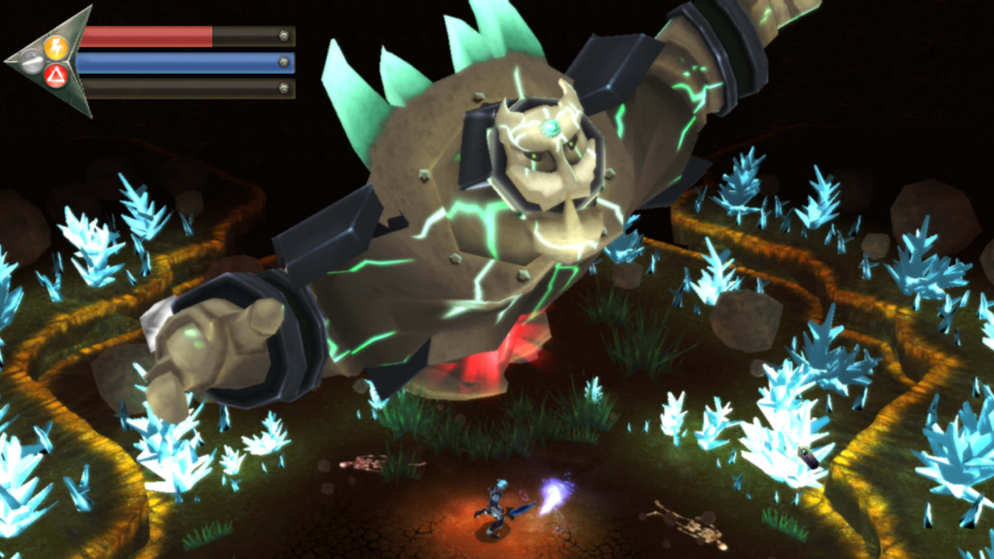 A large, masked metal boss erupts from the ground covered in green crystals and lightning streaks