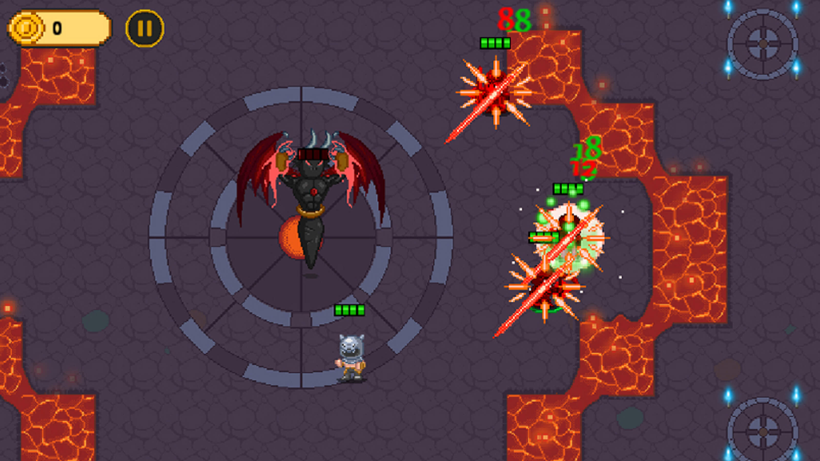 The player's character fights a black, winged demonic enemy in a dark, lava-filled dungeon 
