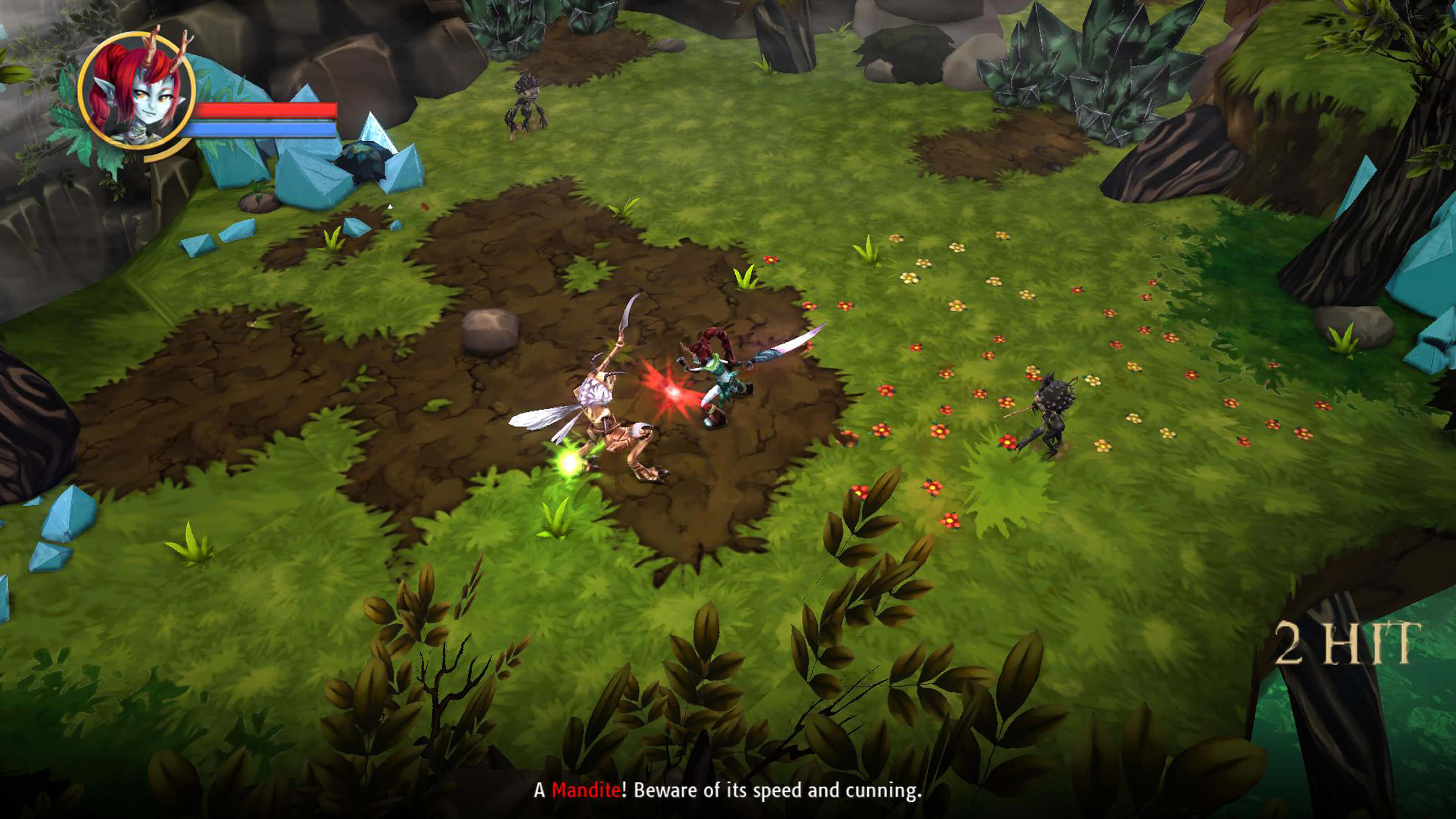 The player's character swings her sword while dueling a large, bipedal insectoid enemy