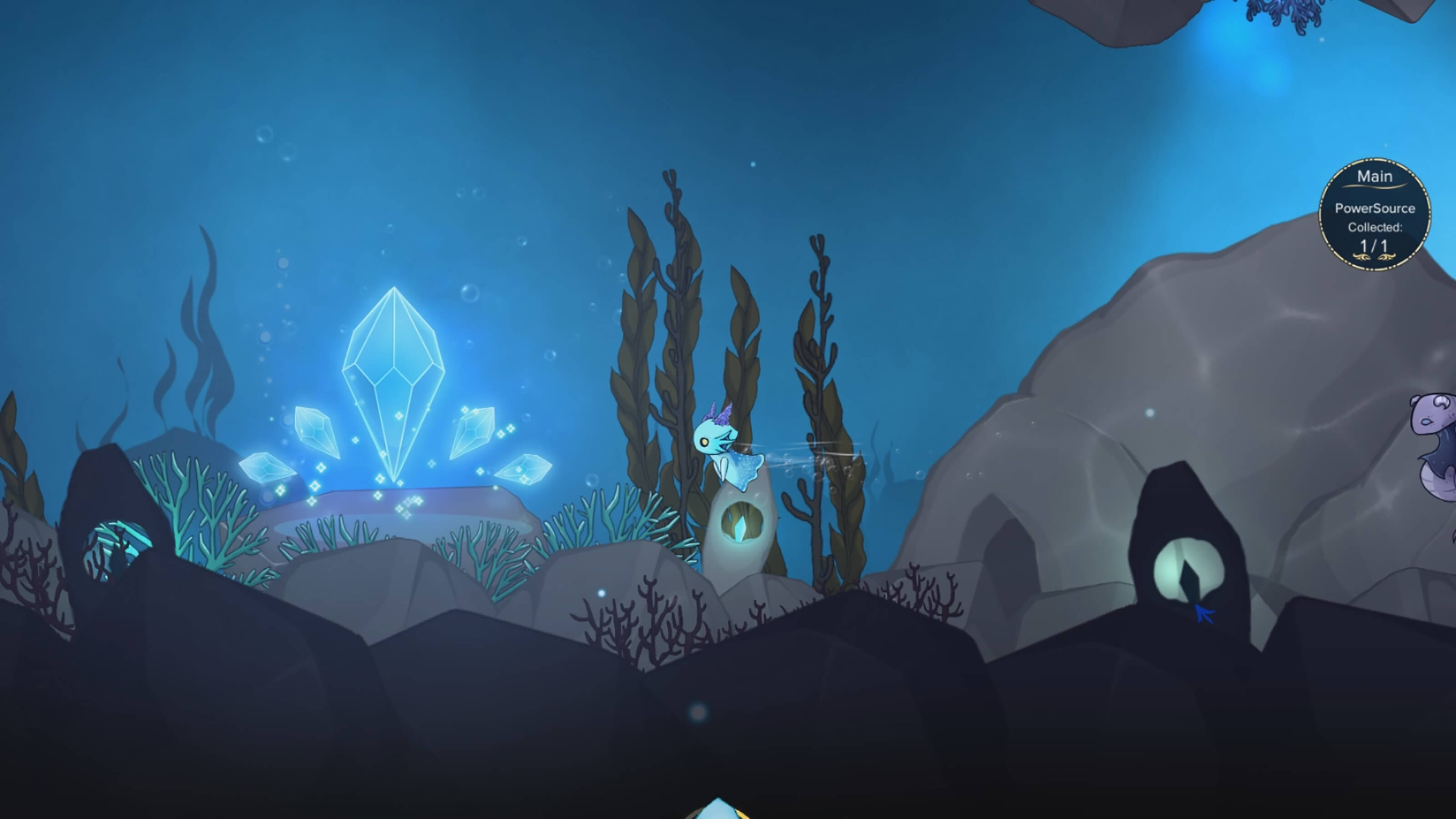 A neon-blue sea creature with purple horns swims toward floating blue gems near the entrance of an underwater cavern.