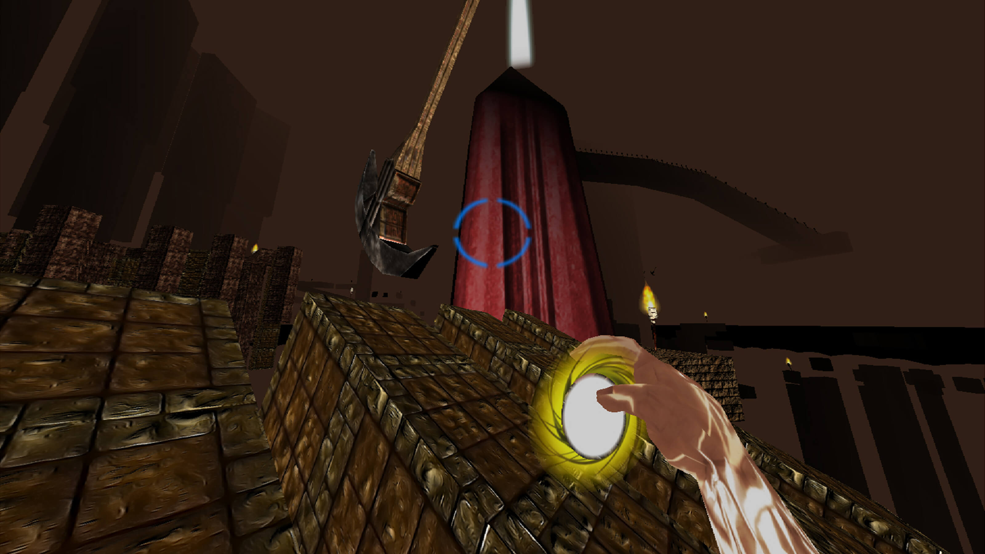 First-person view of the player on a sloped, stone terrain. The player's hand is seen holding a yellow ball of light.