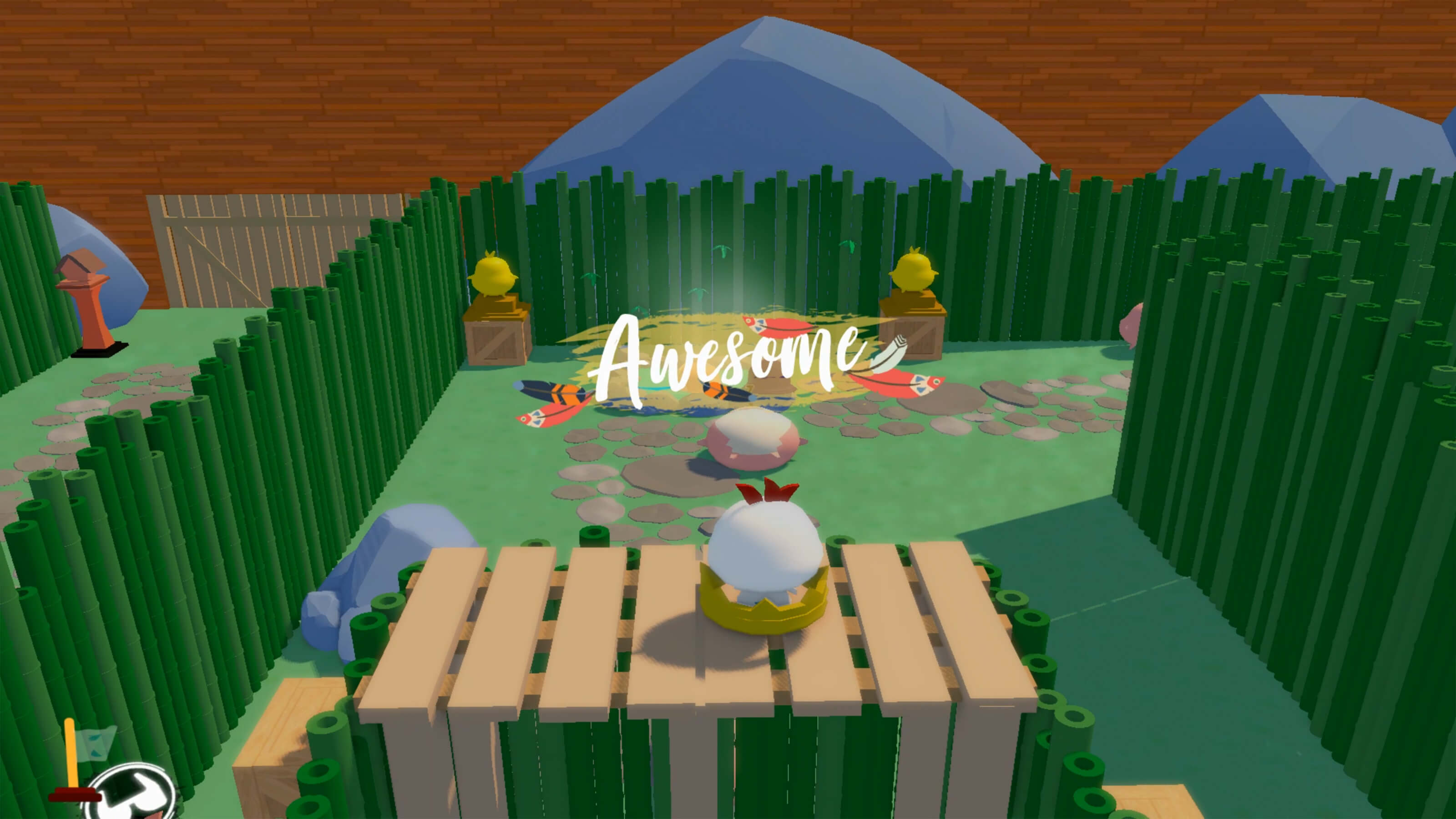 A small white chicken stands on a wooden hedge maze platform as the word "awesome" appears in white script above.