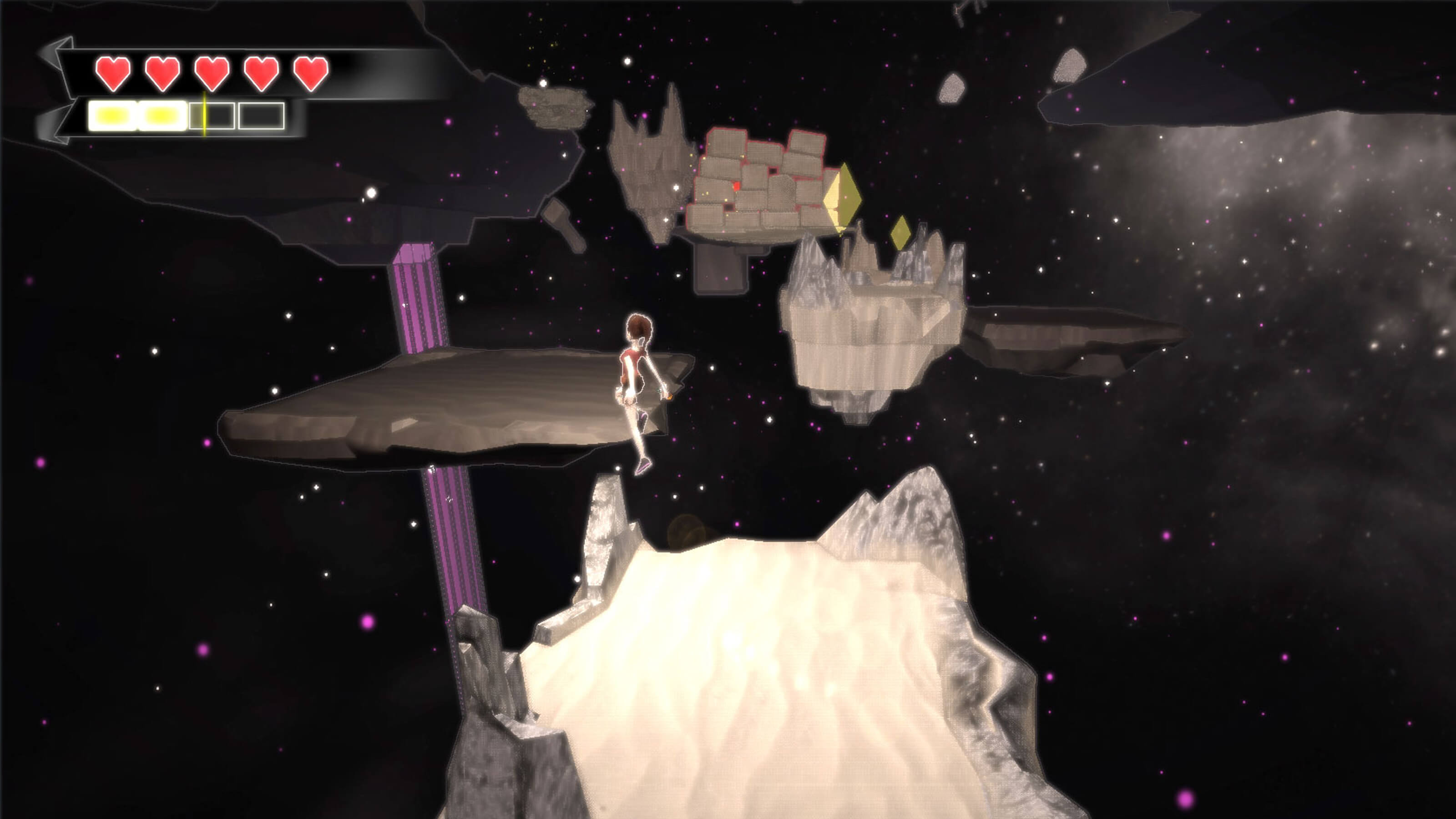 The player's character jumps from a sandy platform floating in space across a large void to another platform