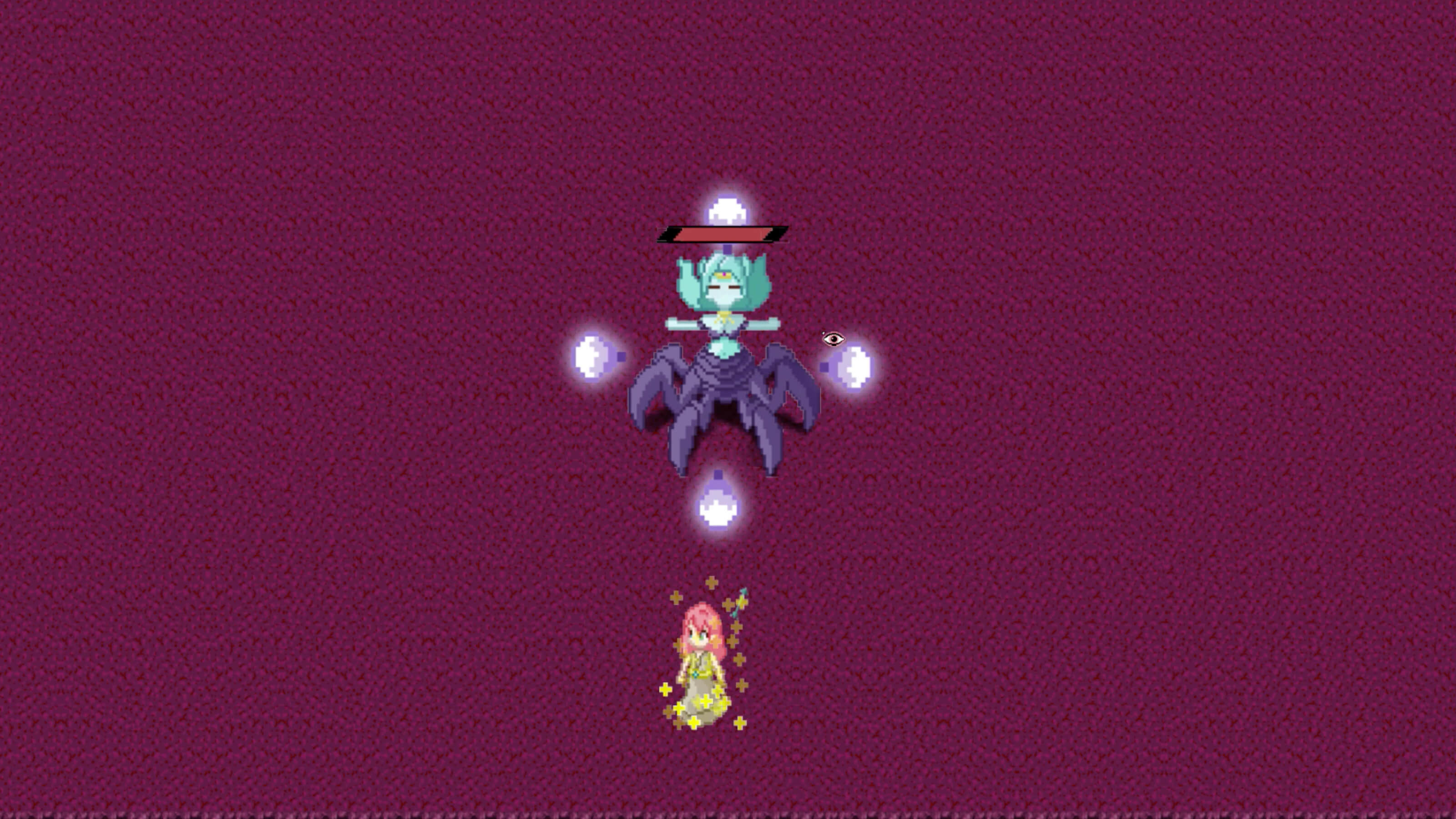 A turquoise-colored boss with six purple legs is surrounded by four floating violet orbs of light