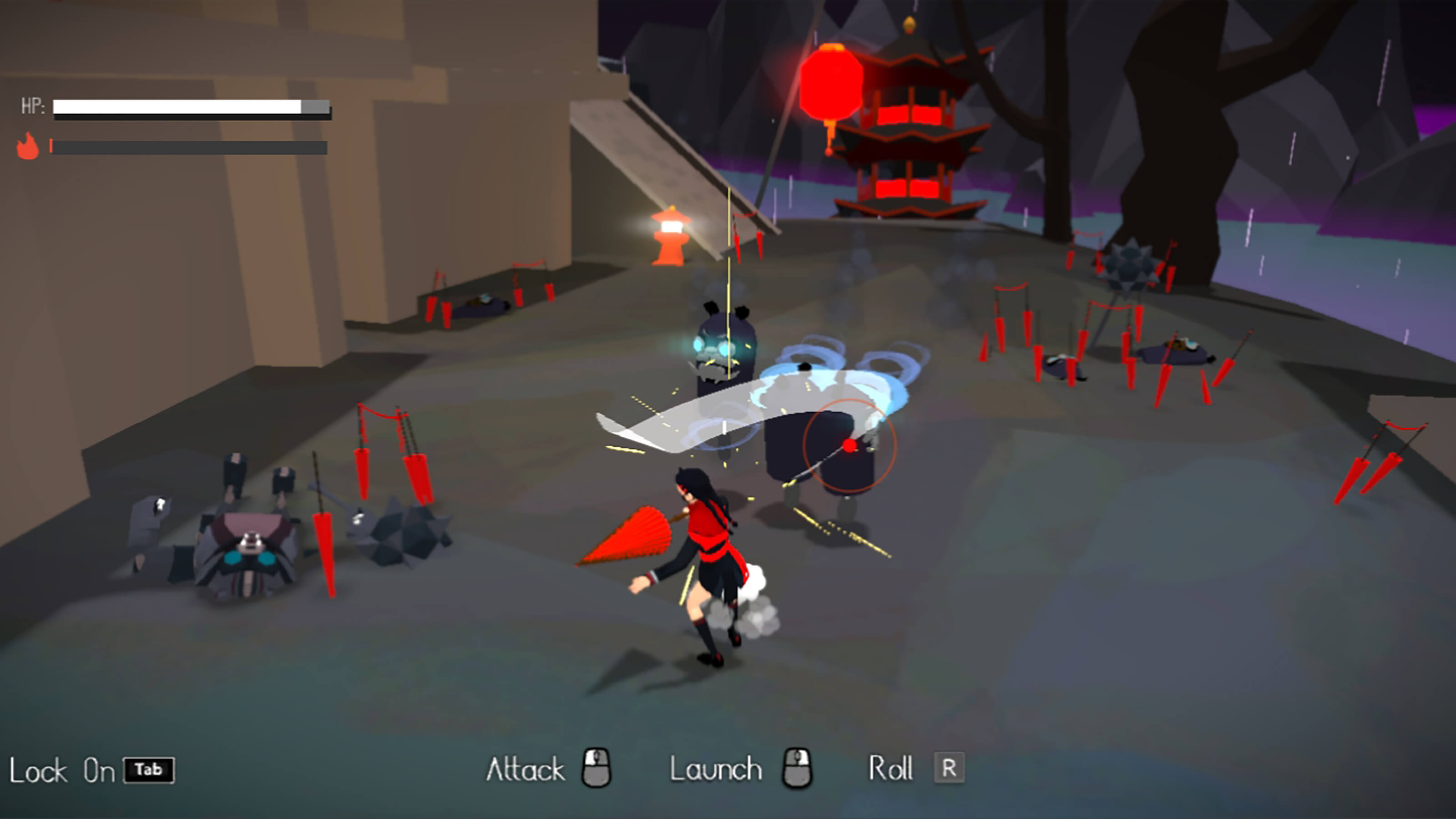 A girl in a red-and-black uniform swats at robotic beasts with her red umbrella on a dark, rainy battlefield.